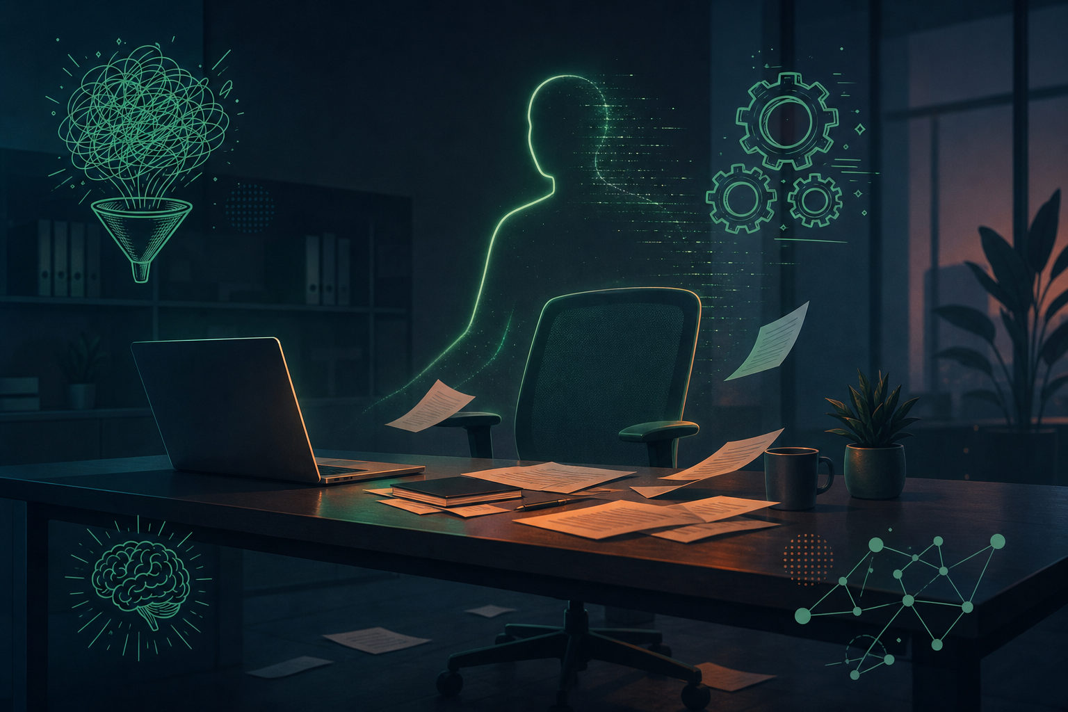 A symbolic illustration of an empty office chair at a desk, with a faint glowing outline of a person fading away, leaving behind scattered papers and an open laptop — representing the invisible loss of institutional knowledge when an experienced employee leaves an organization. Muted blues and greens with soft ambient lighting, clean modern office environment, no people visible, no signage.