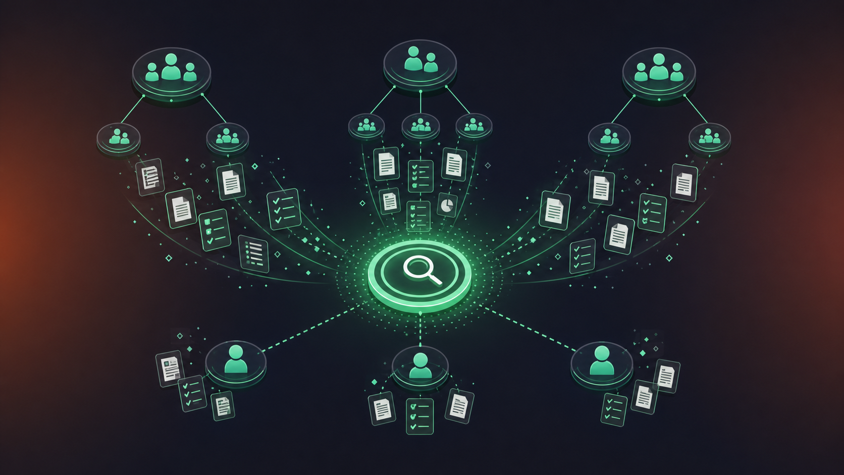 A clean flat design illustration for a management blog section about meeting data and team visibility. A top-down view of an abstract organizational chart with multiple team nodes connected by lines. From each node, small document icons and checklist cards flow into a central glowing hub labeled with a search/query symbol. Dotted lines connect the hub back out to manager icons, representing searchable context flowing across levels. Color palette: green, white, and light gray. Professional enterprise tech aesthetic, minimal iconography, no text, widescreen 16:9 format.