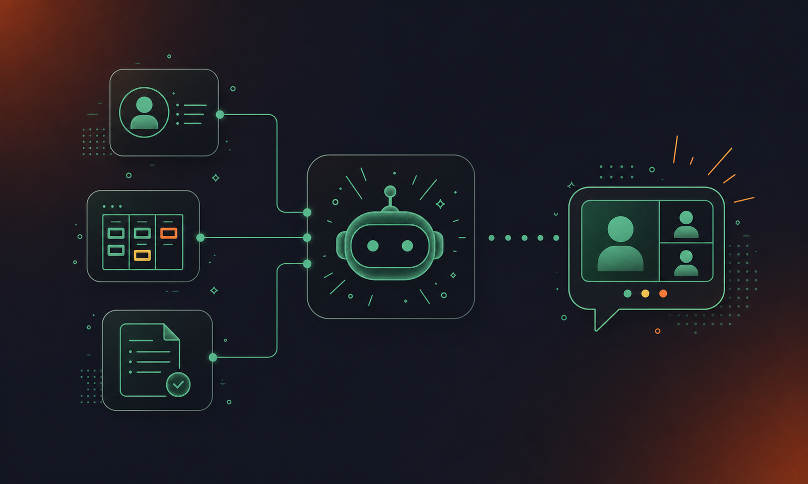 A clean flat design illustration for an enterprise SaaS blog showing the concept of "conversation data as a blind spot" in knowledge management. On the left side, show structured data sources neatly connected: a CRM icon, a project management tool icon, and a document repository icon, all linked by clean lines to a central AI agent icon in the middle. On the right side, show a large speech bubble or meeting/video call icon that is visually disconnected — separated by a dotted gap or a missing link — from the central AI agent, representing the missing conversation data layer. Use a green and white color palette with subtle gray accents. Professional enterprise tech aesthetic, minimal iconography, no text labels in the image itself. Clean lines, flat shapes, modern illustration style matching enterprise SaaS blog aesthetics.