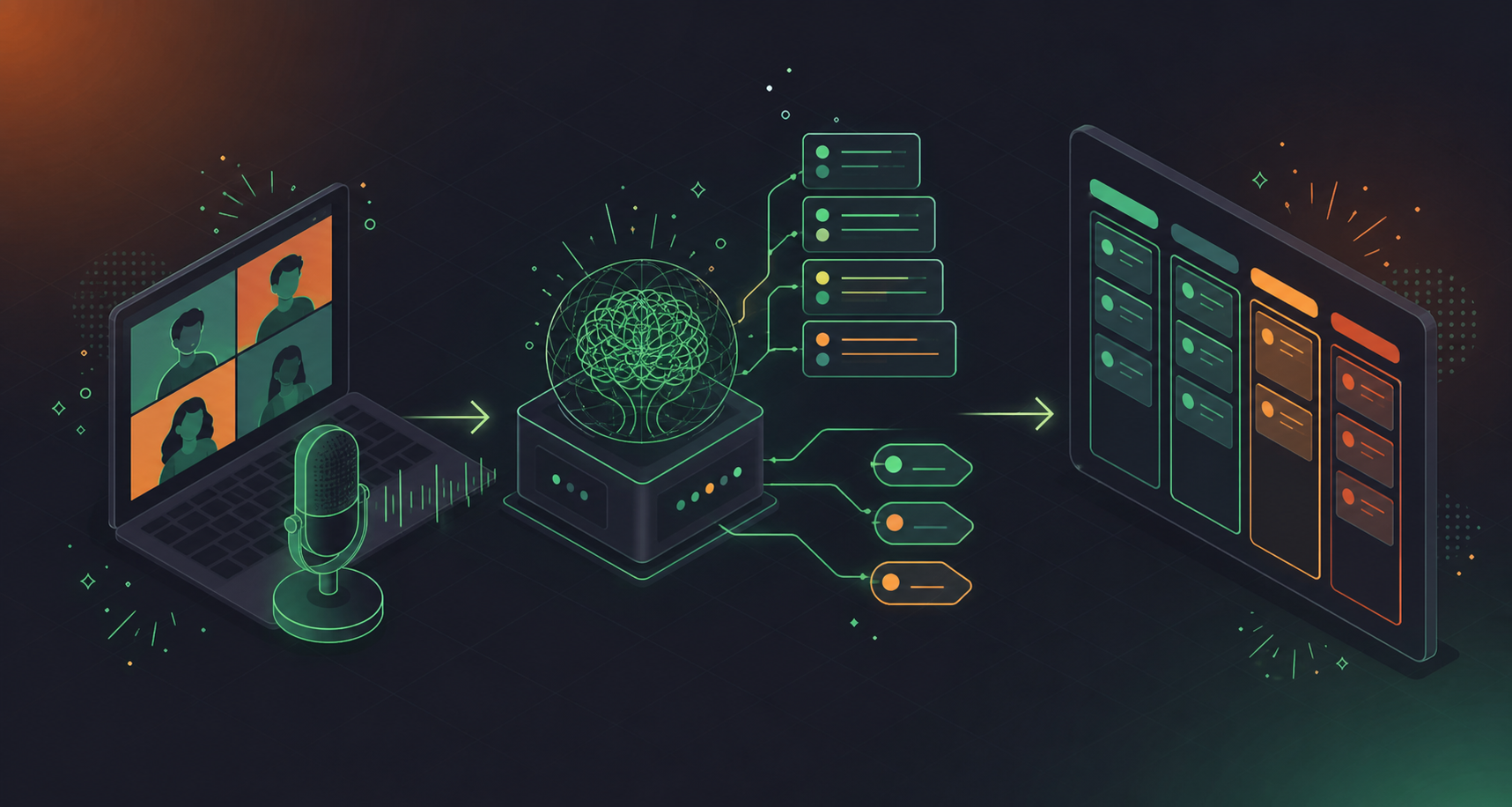 A clean, modern isometric illustration showing a three-stage data flow pipeline: a microphone capturing audio from a group video call on a laptop screen, flowing into a central AI processing node with abstract structured data outputs like lists and tags, which then routes into a project management board with ticket cards and status columns — all connected by glowing arrows on a dark blue-gray background with subtle grid lines