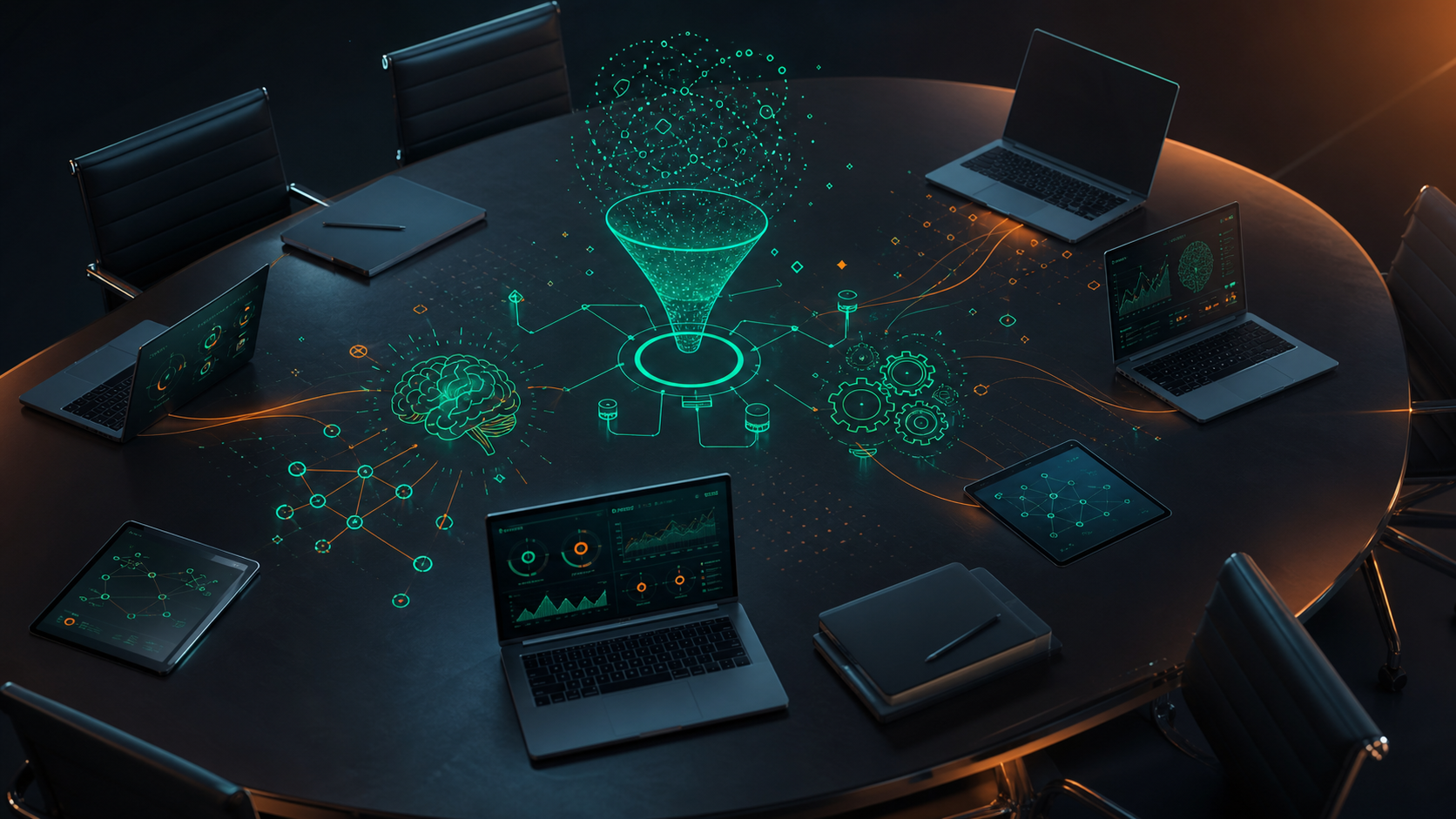 A polished overhead view of a modern boardroom table with sleek laptops and tablets open, abstract glowing data visualizations floating above the surface, representing AI analysis and governance in a corporate leadership setting, sophisticated blue and charcoal tones, no people, cinematic lighting