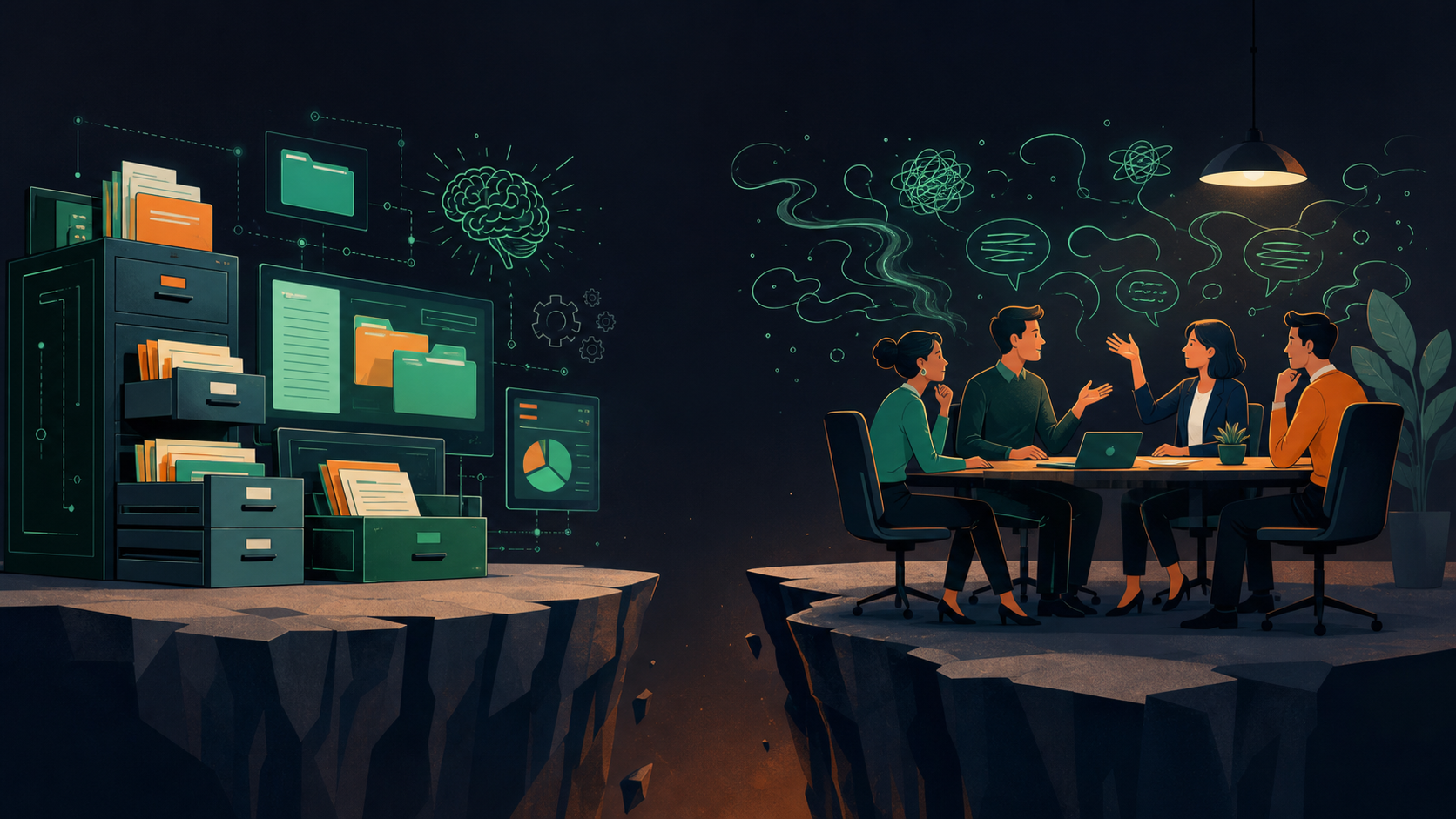 A split conceptual illustration showing two sides of an office knowledge gap: on the left, organized digital filing cabinets, folders, and documents glowing on screens representing structured documented knowledge; on the right, a group of professionals in a meeting room having an animated discussion with thought bubbles and speech lines floating away and dissolving into thin air, representing spoken conversation and reasoning that is never captured. The two sides are separated by a visible gap or chasm in the middle, with a subtle visual tension between what is stored and what evaporates. Muted professional color palette with blues and warm grays.