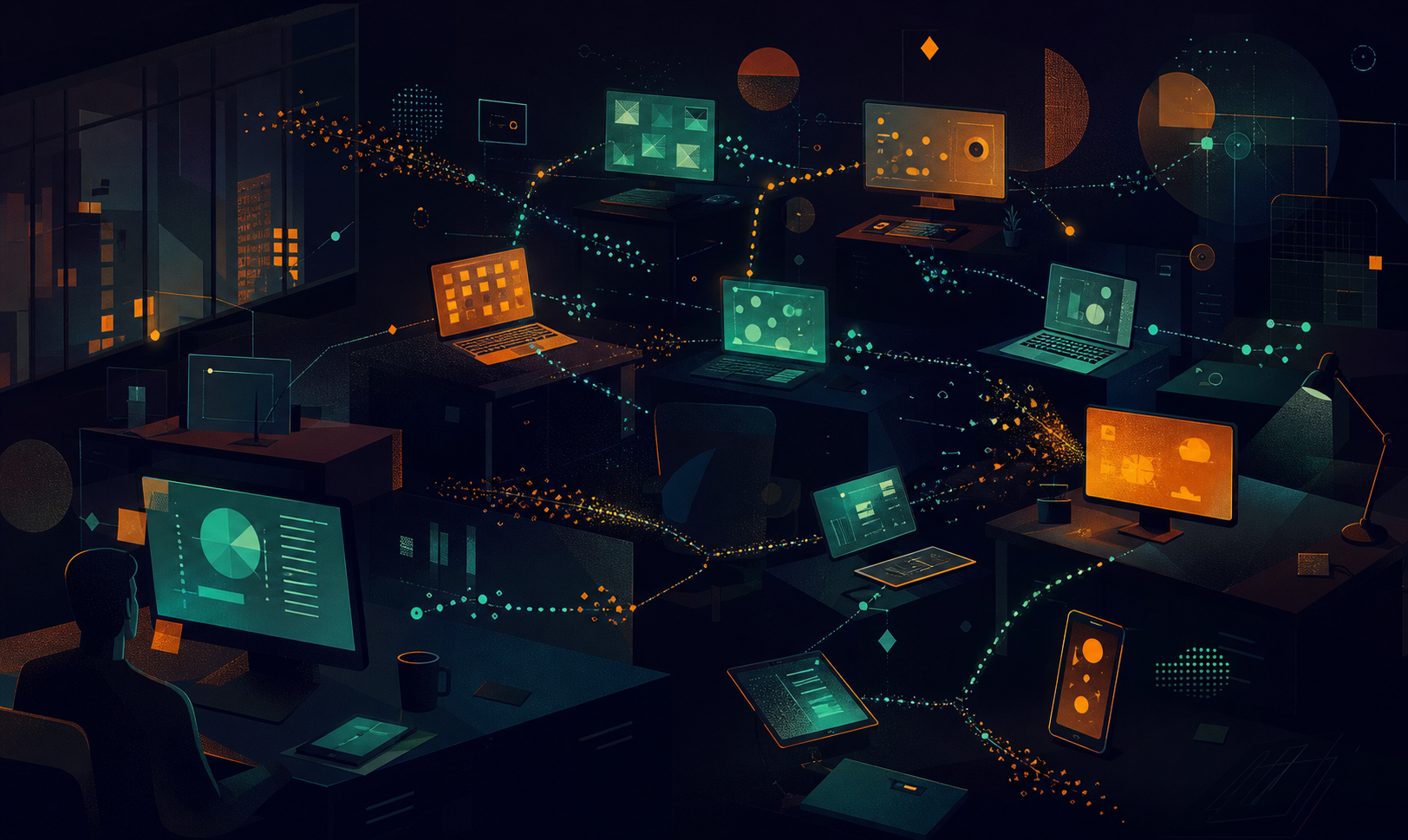 A visual representation of shadow IT risk in a corporate environment: multiple disconnected digital devices and screens scattered across a dark office space, each glowing with different application interfaces, fragmented data streams flowing between them without a central connection point, some streams breaking apart mid-flow, abstract network topology with isolated nodes, cool blue and amber tones, cinematic lighting, no text or words anywhere in the image