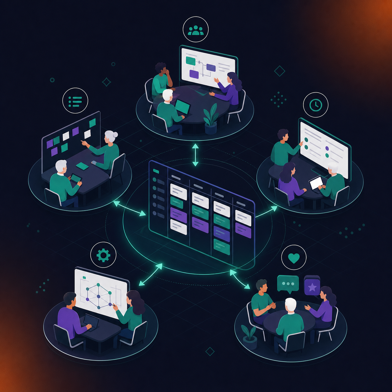 A clean isometric illustration showing five distinct agile meeting types — sprint planning, backlog refinement, daily standup, technical design session, and retrospective — each represented as a small group of abstract figures around a table or screen, arranged in a circular layout around a central Jira-style project board with ticket cards and columns, connected by glowing arrows indicating data flow, on a deep navy background with subtle geometric grid lines and a modern flat color palette of teal, purple, and white