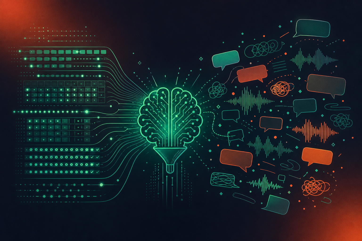 A split-scene illustration showing two contrasting data environments side by side. On the left, neatly organized glowing data rows and structured grids flowing smoothly into a central AI brain or processor, representing clean machine-readable records. On the right, scattered speech bubbles, audio waveforms, and fragmented conversation snippets floating in disarray, disconnected from any system. The overall color palette is deep blue and teal with subtle purple accents, modern flat style with a slight glow effect. No text, no words, no labels anywhere in the image.