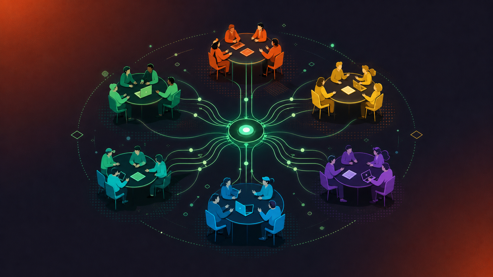 An aerial view of several distinct team clusters arranged in a circular formation, each cluster represented by a different color group of figures seated at small rounded tables, with glowing connecting lines flowing between all clusters toward a central shared node, symbolizing cross-functional alignment and shared outcomes, clean geometric abstract style, warm and cool tones balanced, no text or labels anywhere