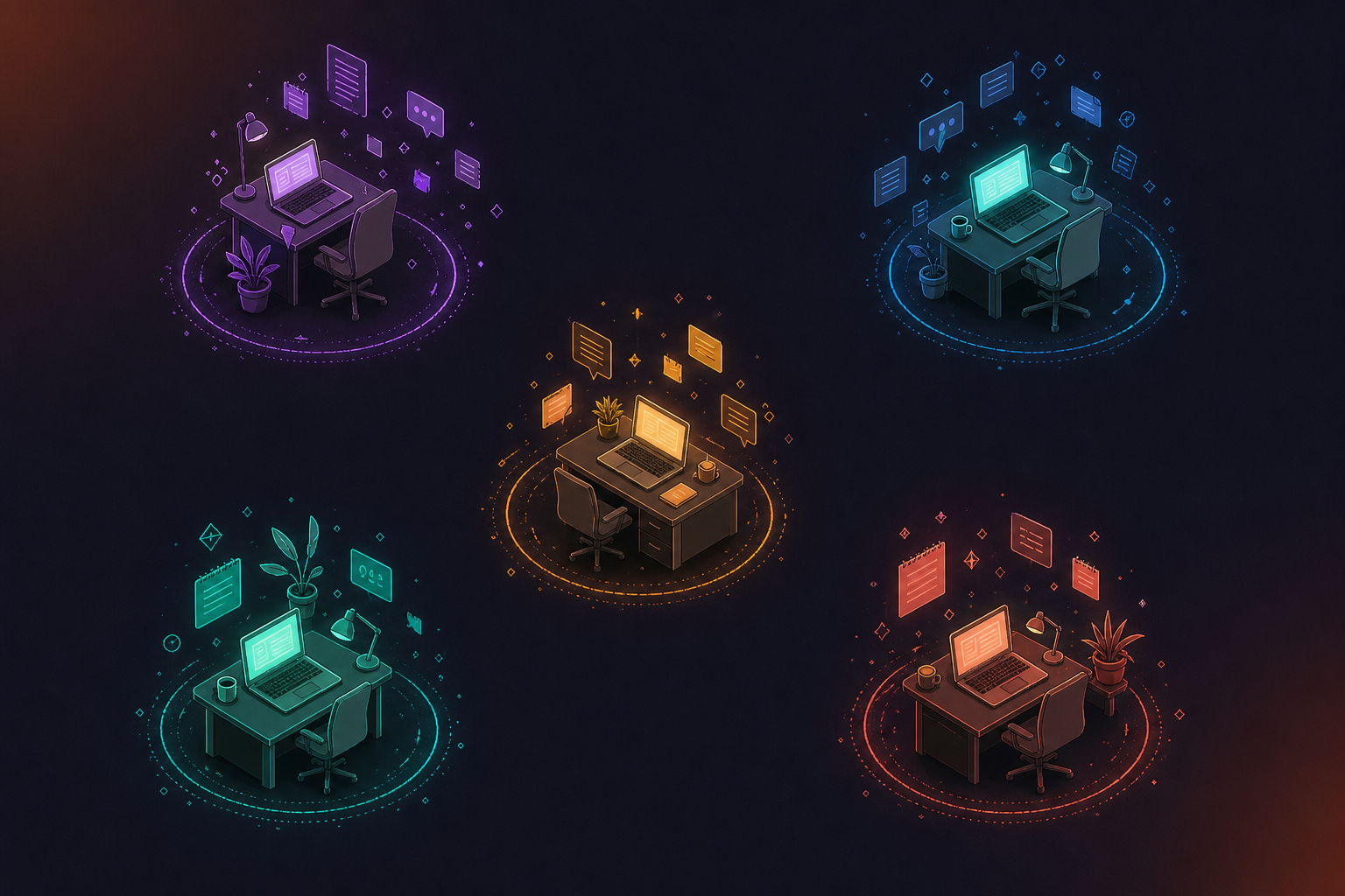 A bird's-eye view illustration of five separate glowing workstations arranged in a scattered, disconnected pattern on a dark surface, each surrounded by its own small orbit of floating document icons, chat bubbles, and note symbols in different colors — purple, blue, orange, teal, and red — with no connections or lines linking any of the stations together, conveying isolated individual productivity islands with no shared data flow between them