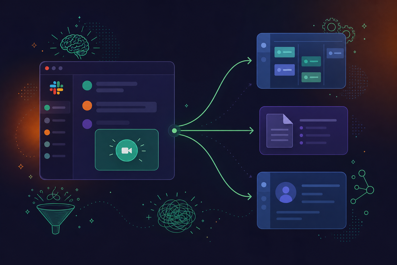 A clean flat design illustration showing a post-meeting workflow: a Slack chat window on the left with a huddle call ending, connected by flowing arrows to three destination icons on the right — a project management board with task cards, a knowledge base document, and a CRM record — all linked by smooth curved lines suggesting automatic routing, soft blues and purples color palette, minimal geometric style, no people, no text or labels