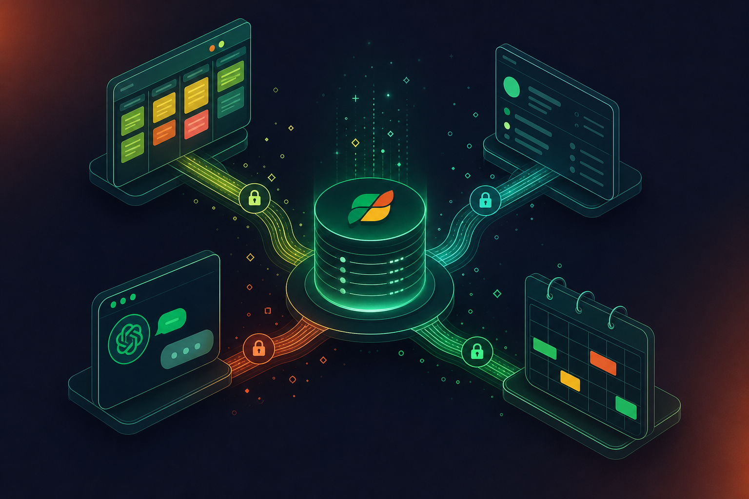 A futuristic data architecture diagram illustration showing a central glowing hub representing a meeting data repository, with multiple colorful streams flowing outward to connected system icons — a project management board, a CRM interface, an AI chat assistant, and a calendar — all interconnected by luminous permission-gated pathways, depicted in a clean isometric style with deep blue and teal tones, no text or labels anywhere