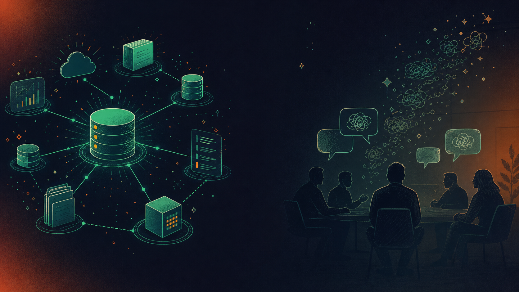 A sophisticated conceptual illustration showing a network of interconnected digital data nodes and glowing databases on one side, representing structured enterprise systems like CRM and project management tools, and on the other side a human silhouette in a meeting room with speech bubbles dissolving into the air, symbolizing spoken knowledge that never reaches the digital systems. A visible gap or void separates the two worlds. Dark blue and teal color palette with soft ambient light, clean minimal style, no people faces visible, no text or labels.