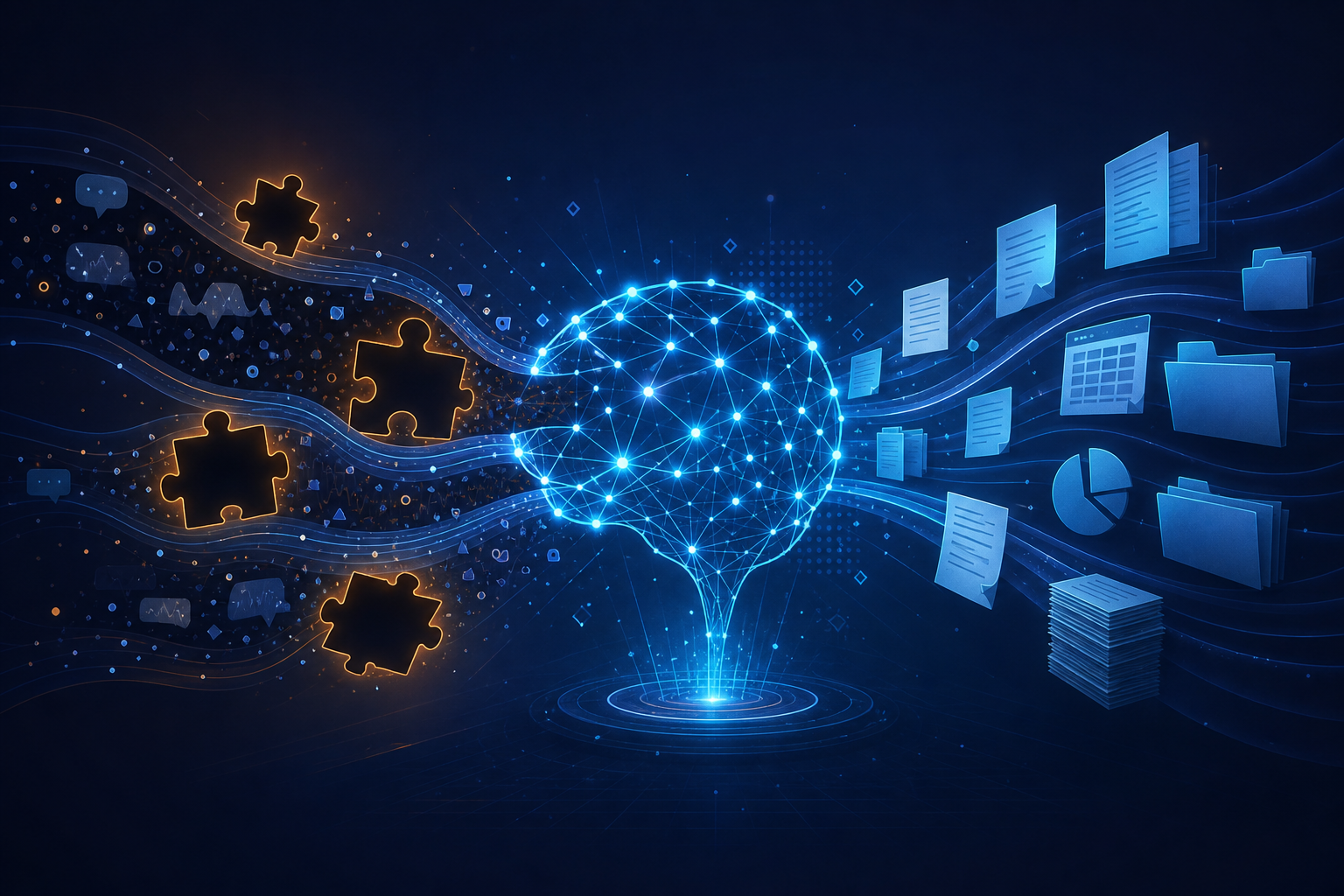 A sleek futuristic AI system represented as a glowing neural network or digital brain, confidently processing data streams, but with large visible gaps and missing puzzle pieces in the data flowing into it — dark empty voids where conversation and spoken knowledge should be, contrasting with the bright structured documents and files that are present, deep navy and electric blue color palette with amber highlights on the missing pieces, clean professional illustration style