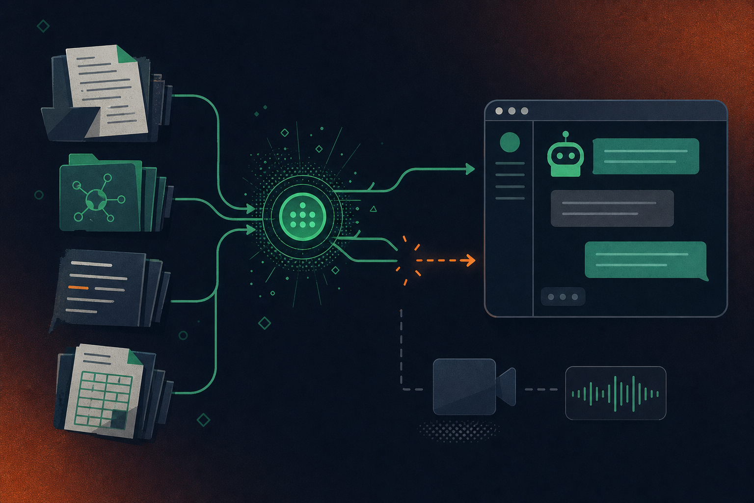 A conceptual diagram showing a data pipeline flow inside an enterprise: on the left, stacks of documents, wikis, and text files flowing into a central indexing node represented as a glowing hub; from the hub, arrows route into an AI assistant interface on the right; midway through the pipeline, one arrow is visibly broken or disconnected, with a gap in the flow, symbolizing a retrieval failure; a separate video camera and audio waveform symbol sits off to the side with no connection to the pipeline, representing unindexed meeting recordings; muted professional color palette with deep blues, cool grays, and subtle amber highlights for the broken link