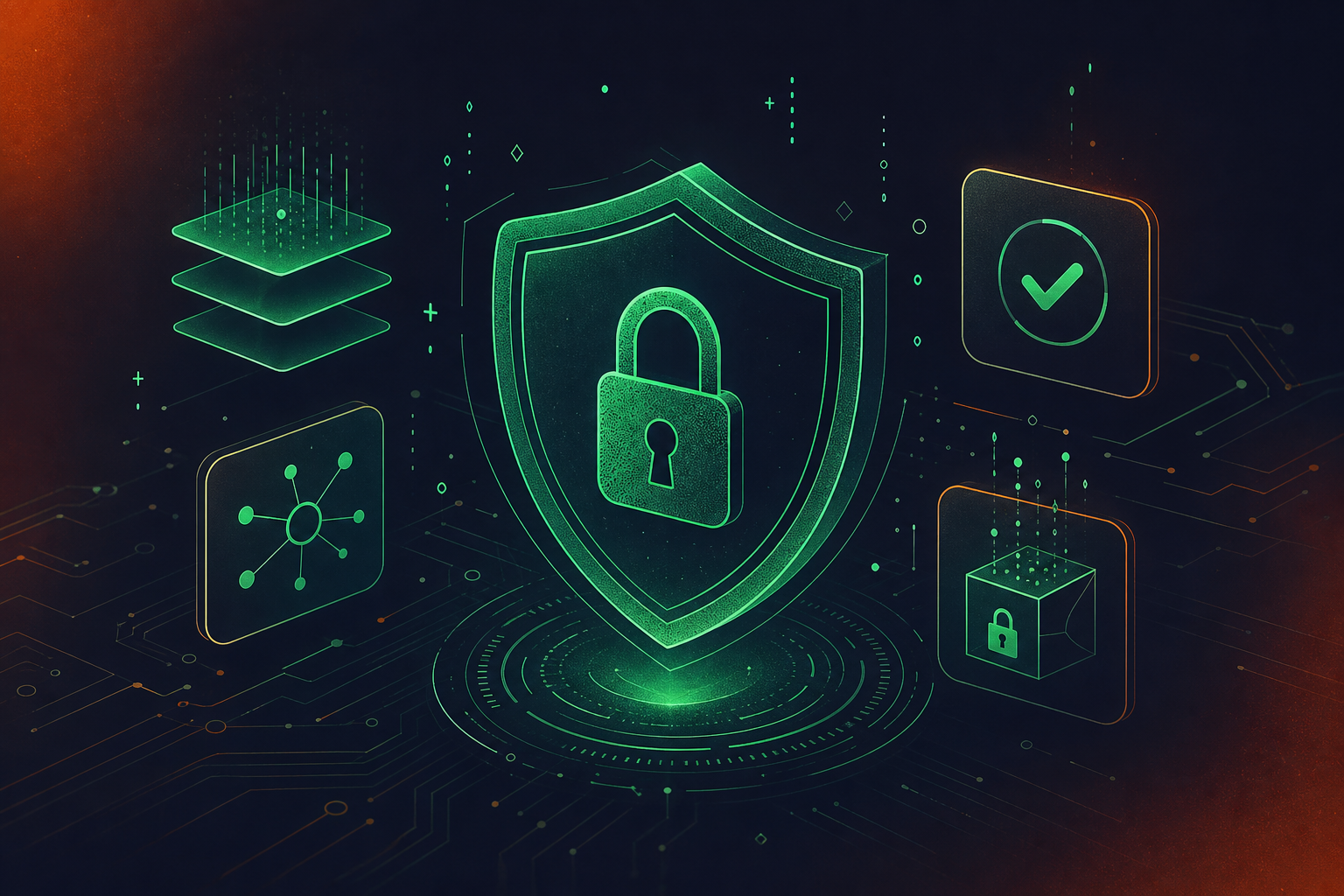 A sleek, modern digital security concept illustration: a glowing shield with a padlock at its center, surrounded by floating abstract icons representing encrypted data layers, access controls, and compliance checkmarks, set against a deep navy and charcoal background with subtle circuit-board patterns, no people, cinematic lighting, sophisticated corporate aesthetic