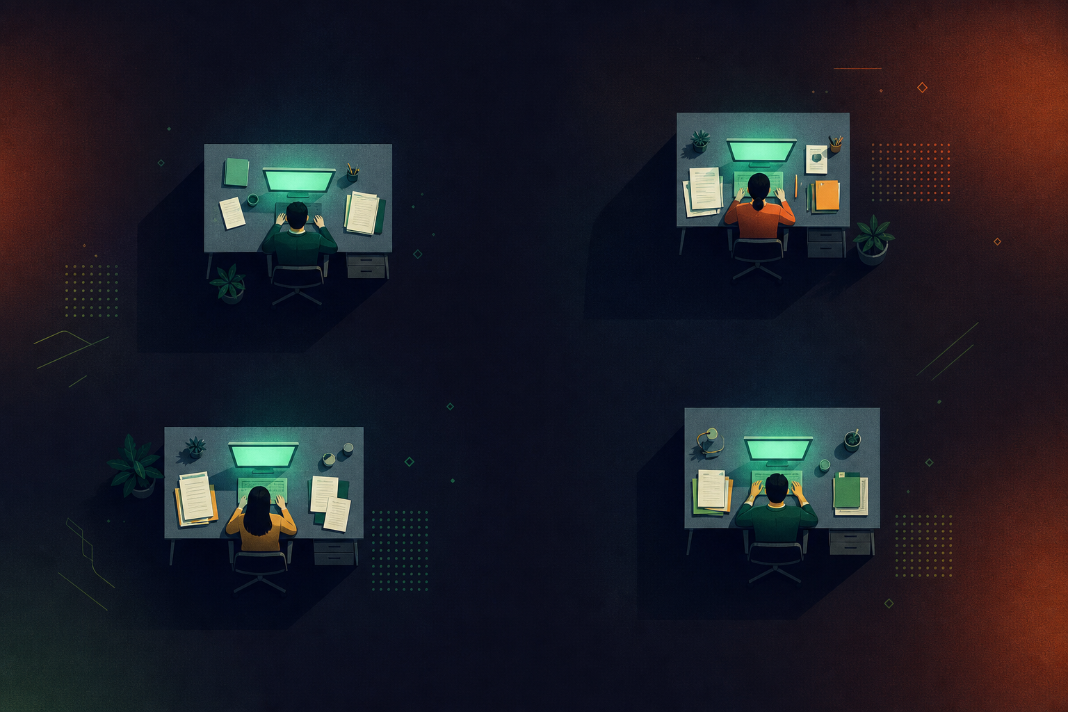 An overhead view of four isolated office desks arranged far apart in a large open space, each desk occupied by a person working alone with their own separate stack of papers and a glowing monitor, no connection between them, muted cool tones with subtle shadows, abstract geometric style, conveying organizational silos and disconnection between departments