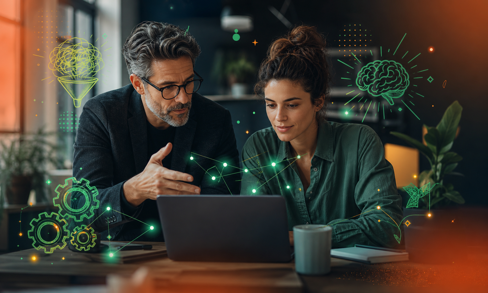 A warm, professional office scene showing two colleagues sitting side by side at a desk, an experienced senior professional guiding a younger employee through work on a laptop, with abstract glowing nodes and connection lines representing shared knowledge flowing between them, soft natural lighting, modern workplace setting, muted blues and warm neutrals, cinematic depth of field, no text, no words, no letters
