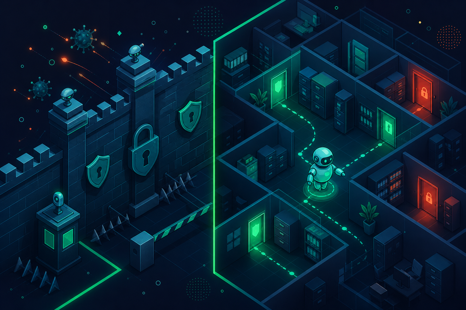 A split architectural diagram showing two distinct security layers in a corporate building metaphor. On the left side, a fortified outer wall with locks, shields, and barriers representing perimeter IT security keeping threats outside. On the right side, inside the building, an AI robot or automated agent freely moving through open internal corridors and filing cabinets, with some doors glowing red to indicate restricted classified zones and others glowing green for permitted access. Deep blue and teal color palette with subtle purple accents, modern flat isometric style, no text, no words, no labels anywhere in the image.