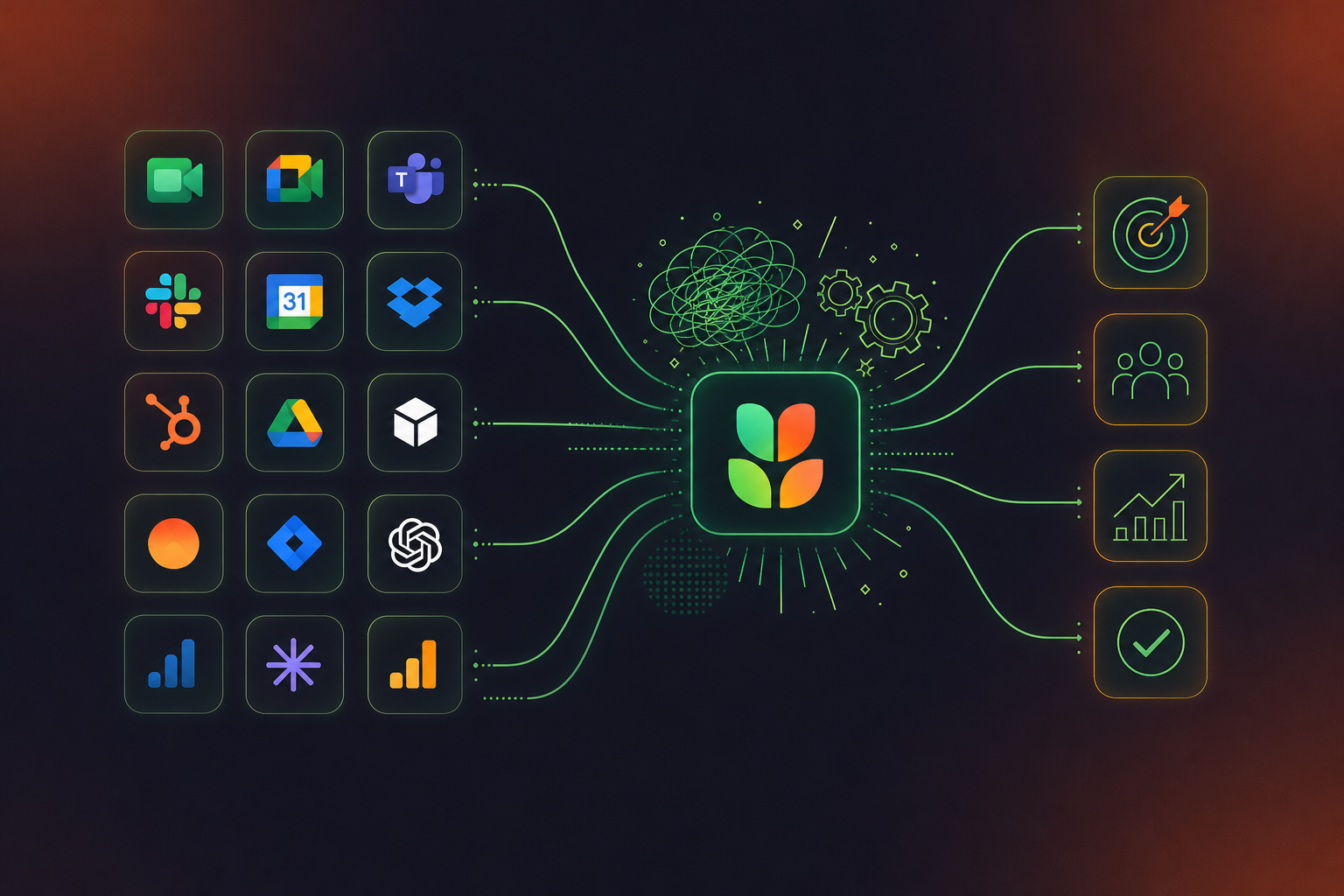 A clean, modern flat illustration showing multiple meeting collaboration tools represented as distinct glowing app icons arranged in a structured grid layout on a dark background, with connecting lines flowing toward a central hub representing a unified decision-making platform, conveying tool comparison and structured data routing across an organization, no text or labels anywhere