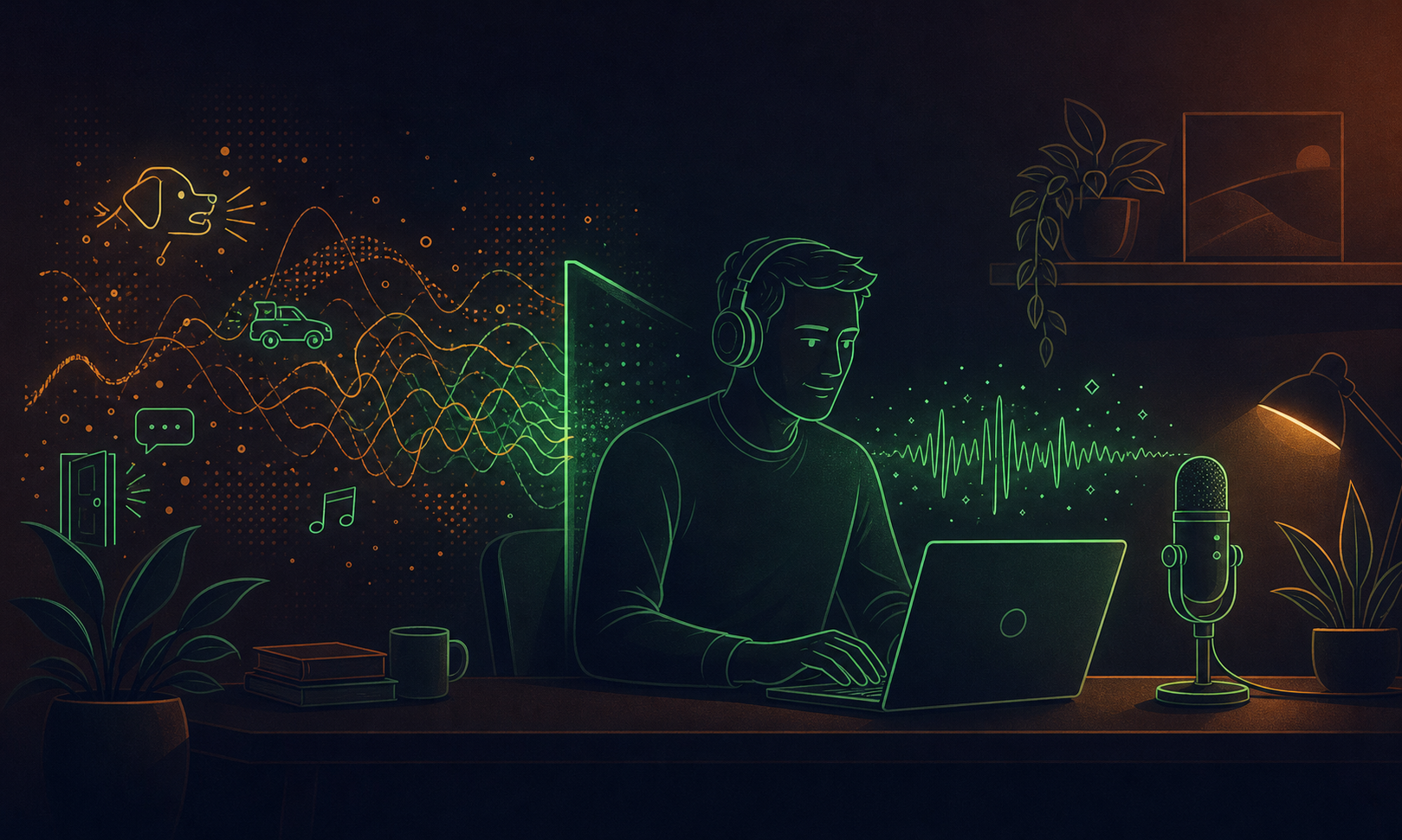 A sleek, modern illustration of a person working at a desk with a laptop in a home office, with visual sound waves emanating from the environment being filtered and cleaned before reaching a microphone — depicted as abstract wave shapes being blocked or neutralized, symbolizing noise cancellation technology. The desk has soft lighting, a clean minimal aesthetic, and a professional atmosphere. No text, no words, no letters.