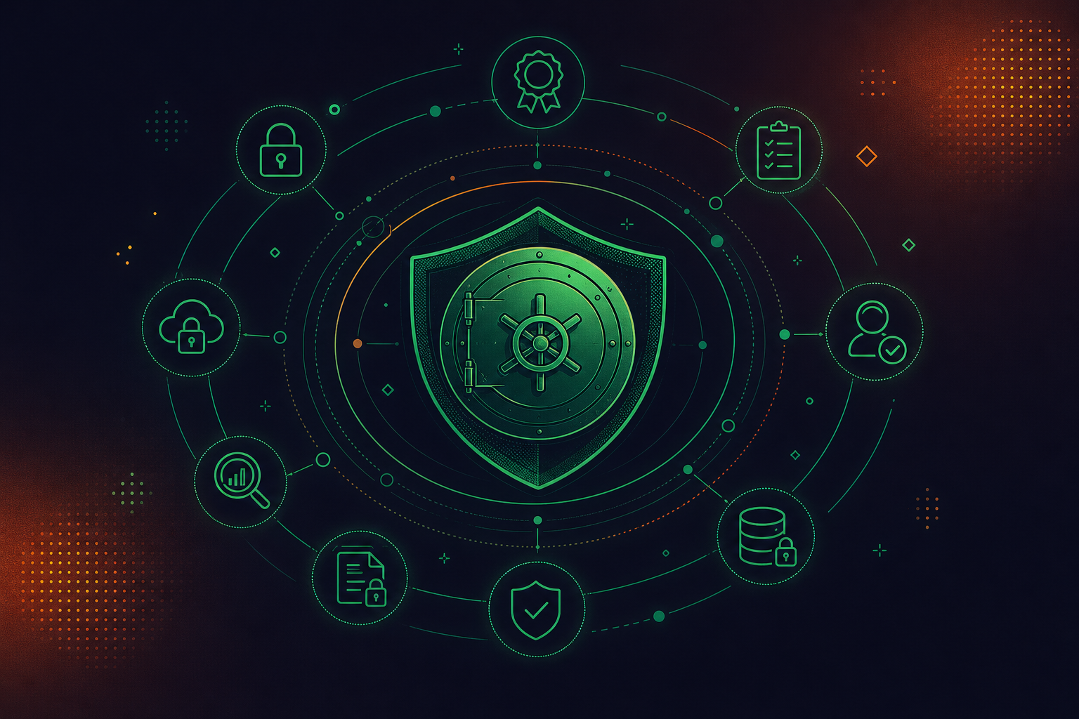 A conceptual illustration of enterprise data governance and compliance layers for a corporate organization. A central secure vault or shield representing protected data, surrounded by concentric rings showing different compliance certifications and security controls — lock icons, audit trails, identity verification symbols, and data retention controls. Clean, modern flat design with deep blue and teal color palette, abstract geometric shapes, no text, no labels, no letters anywhere in the image.