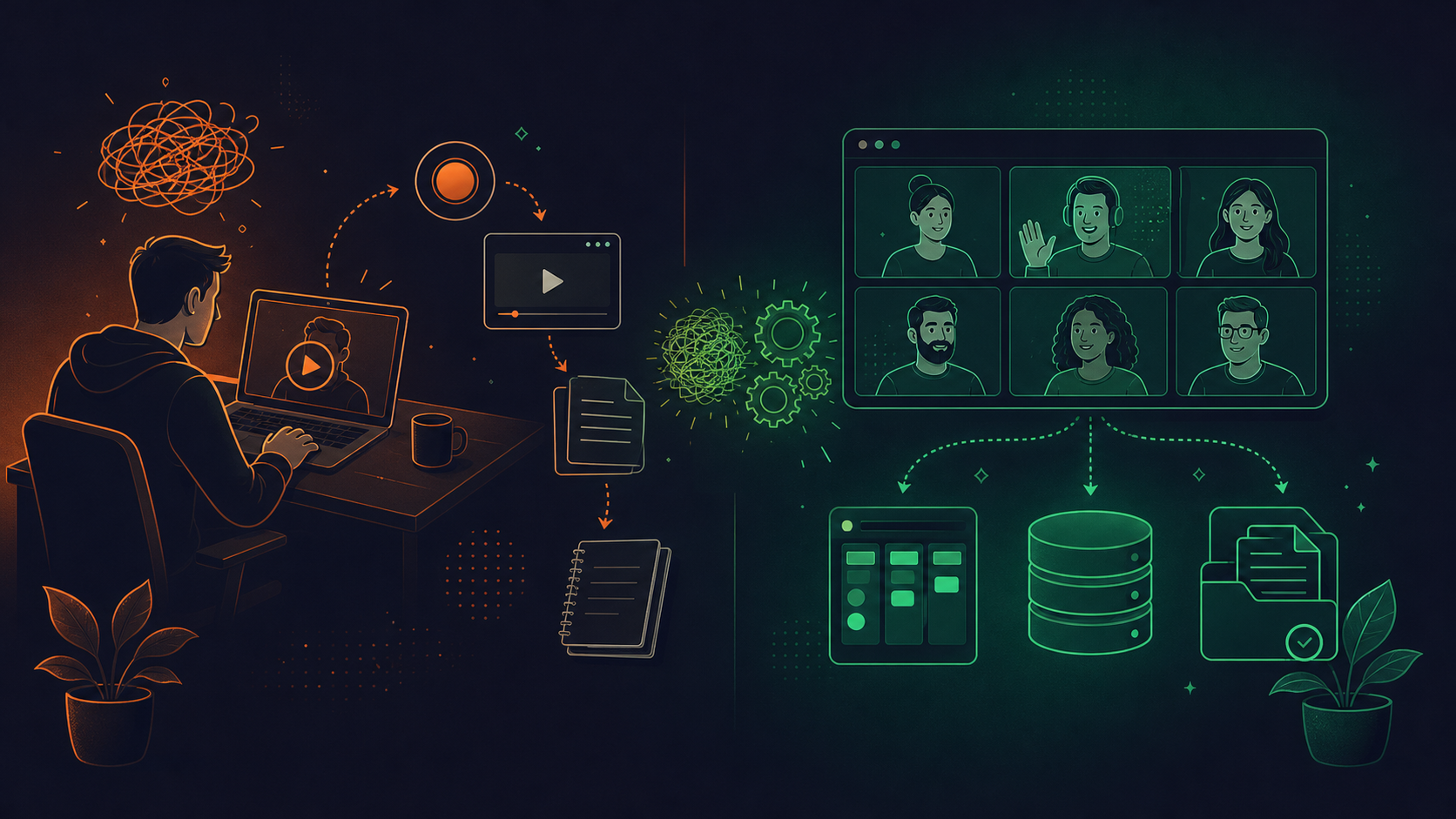 A split-screen conceptual illustration showing two contrasting workflows. On the left side: a person sitting alone at a desk recording themselves on a laptop, with a video play button icon and a chain of manual steps represented by arrows leading to documents and notebooks. On the right side: a live video conference call with multiple participant windows visible on a screen, with automated arrows flowing directly into icons representing project management boards, CRM databases, and document repositories. Clean, modern flat design with blue and green tones, no text or labels anywhere.