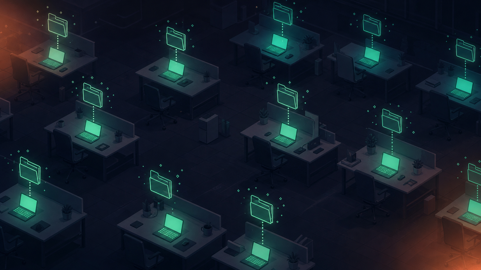 A bird's-eye view illustration of a large modern open-plan office with many individual desks, each with a glowing laptop screen. Above each desk floats a translucent folder or file icon connected only to that person's screen, isolated from the others. The folders are scattered and disconnected, no central hub or shared storage visible. Soft blue and grey tones, clean flat design style, professional corporate atmosphere, no people visible — just workstations and floating disconnected data icons.