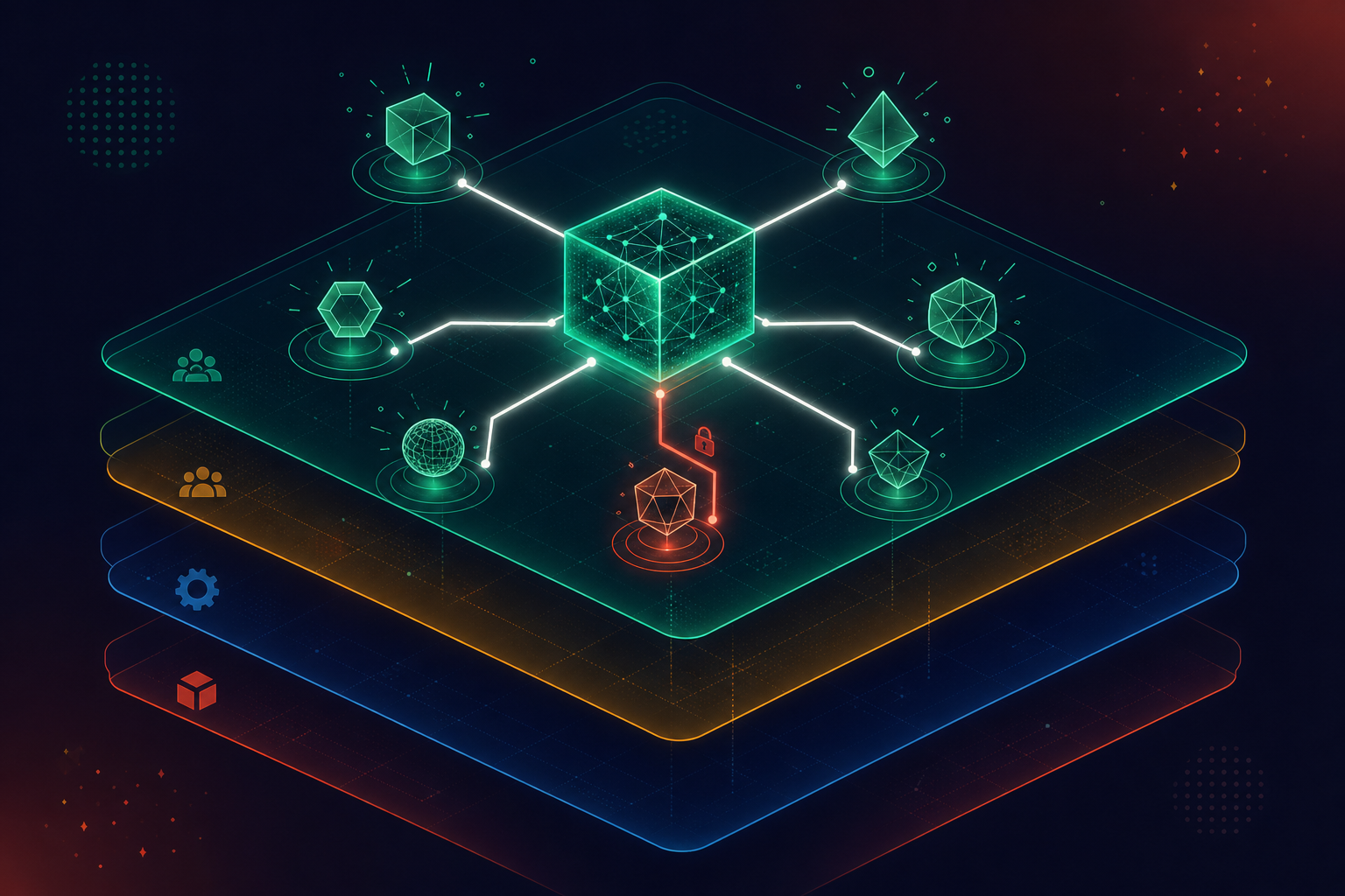 A dark technical illustration showing multiple AI agent nodes represented as glowing geometric shapes, each connected by lines to a central knowledge vault represented as a glowing cube. Most agents have open, unrestricted access paths shown in bright white lines, while only one agent has a narrow, locked red boundary around its connection. In the background, layered translucent data layers represent different organizational departments — finance, HR, engineering — stacked as distinct glowing horizontal planes. The scene conveys the concept of uniform permissions versus granular access scoping in an enterprise system. Deep navy and charcoal background with blue, amber, and red accent glows. Professional, technical, abstract aesthetic. No text, no letters, no words, no labels.