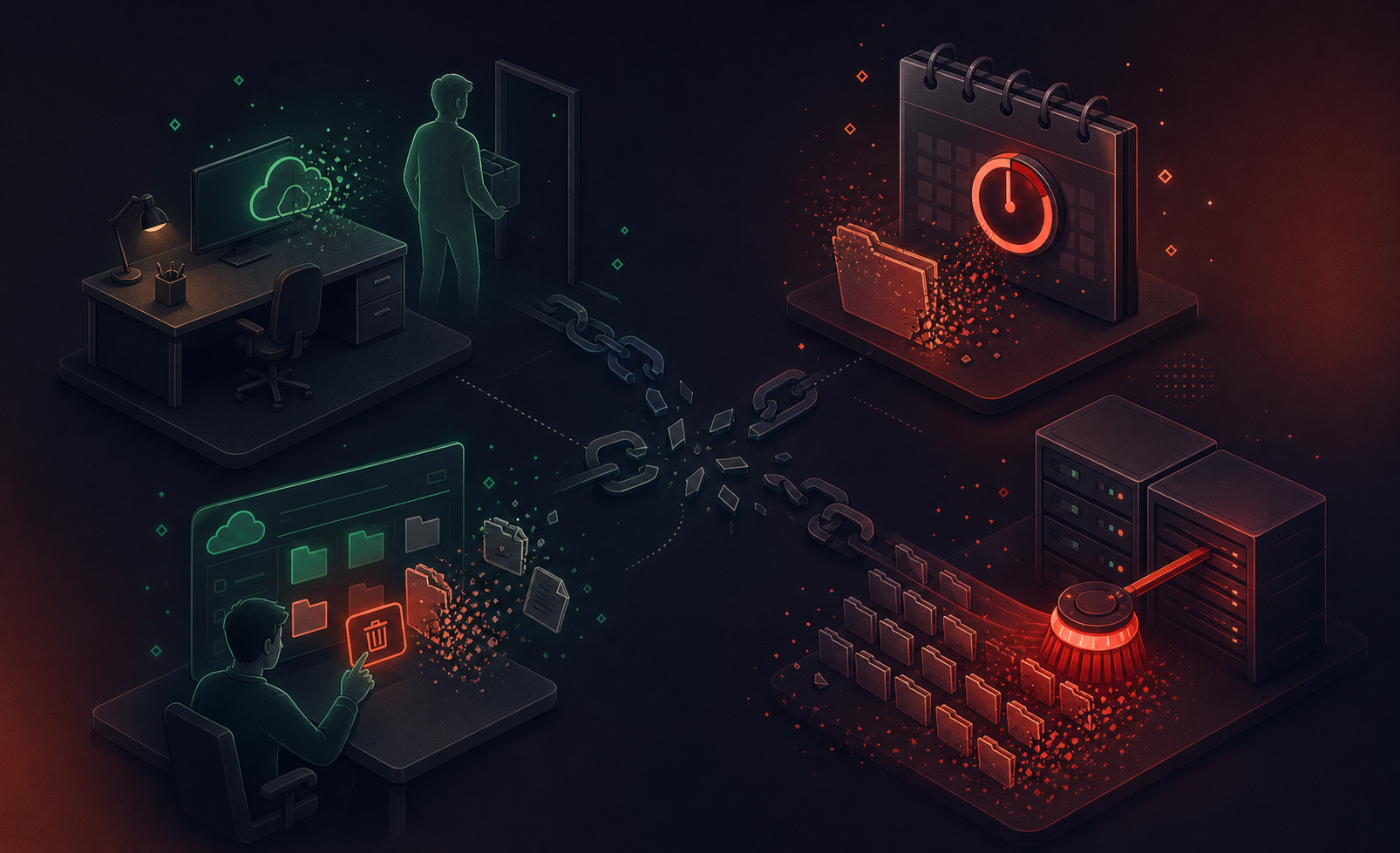 A dark, moody isometric illustration showing four distinct failure scenarios for lost digital files. First scenario: an empty office desk with a ghost-like silhouette of a departed employee, their personal cloud storage fading away. Second scenario: a calendar countdown timer reaching zero with a file folder disintegrating into dust particles. Third scenario: a person deleting files from a personal cloud drive, with important documents disappearing. Fourth scenario: a large red policy enforcement sweep deleting rows of file folders across a server. All four scenes are connected by broken chain links, symbolizing fragmented data loss. The color palette is dark navy, deep red warning accents, and muted grays with glowing edge highlights on the server elements. Professional, tech-forward aesthetic with clean geometric shapes and no text or labels anywhere.