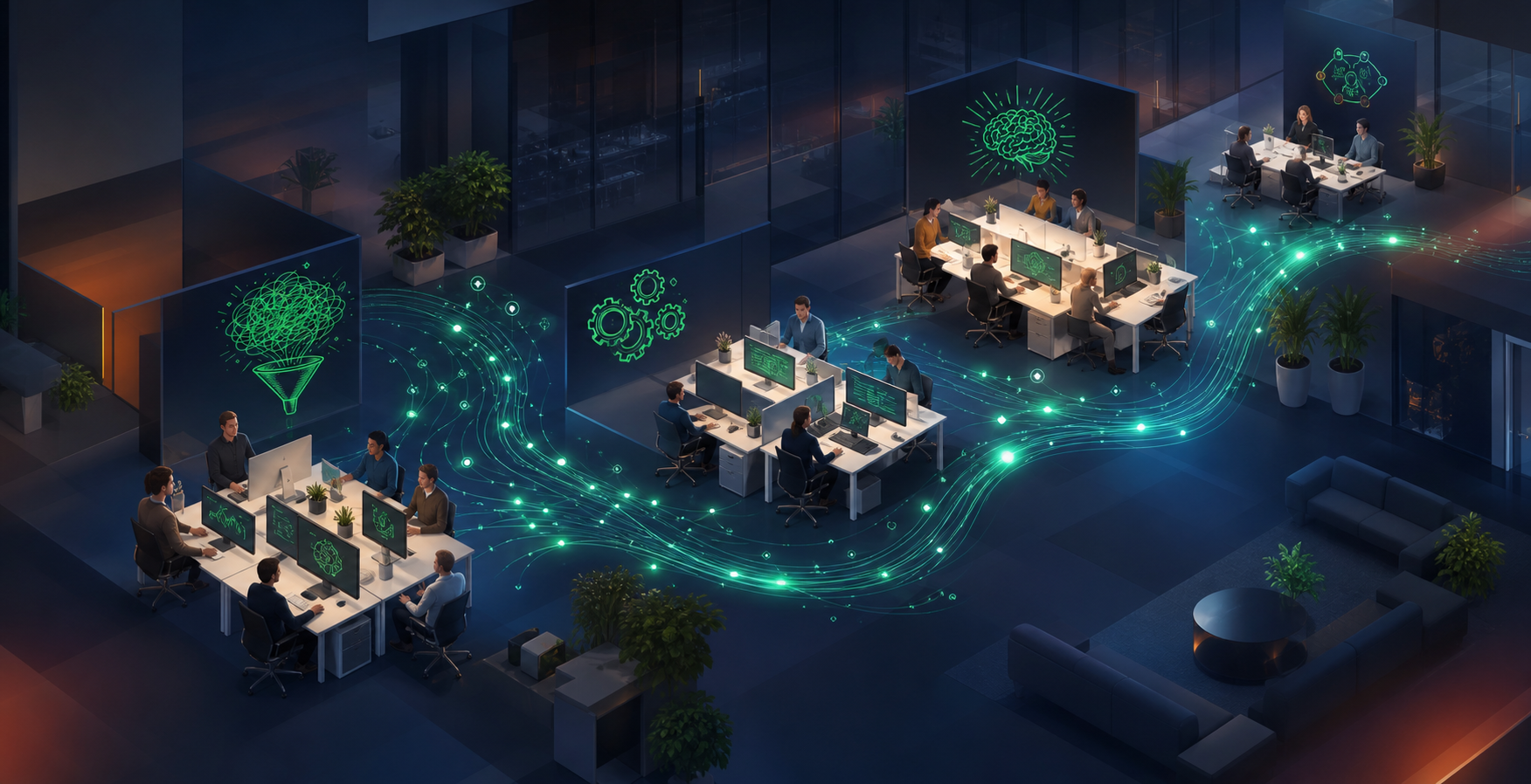 A wide aerial view of a modern open-plan office with multiple distinct teams working at separate clusters of desks — a sales team on one side, an engineering team in the middle, a product team on another side, and HR at the far end. All teams are connected by glowing digital pathways flowing between them, representing unified data and conversation intelligence across the entire organization. Clean, corporate aesthetic with cool blue and white tones, soft overhead lighting, no text or labels anywhere.