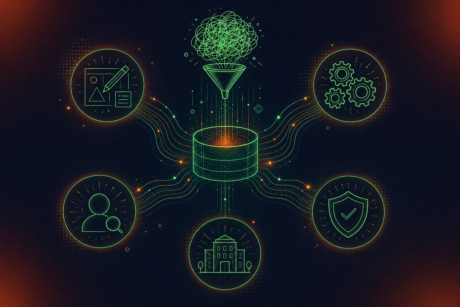 An abstract enterprise organizational diagram showing multiple department nodes — product design, engineering sprint planning, HR recruiting, legal compliance, and executive leadership — each represented as distinct circular hubs connected by flowing data lines to a central unified repository. Each hub has subtle iconography suggesting its function: gears for engineering, a person silhouette for HR, a shield for legal, a building for leadership. The color palette uses deep navy blue and warm amber tones with glowing connection lines. Minimalist, professional, no text, no labels, no words, clean enterprise illustration style.