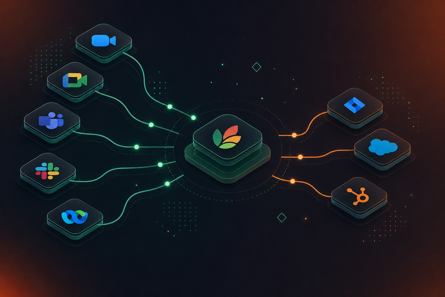 A clean, modern enterprise dashboard view showing multiple video conferencing platform icons (Zoom, Google Meet, Microsoft Teams, Slack, Webex) connected by flowing lines to a central hub, with smaller icons representing Jira, Salesforce, and HubSpot on the output side, depicted as a sleek dark-mode interface with glowing connection nodes, isometric style, no text or labels, professional and technical aesthetic