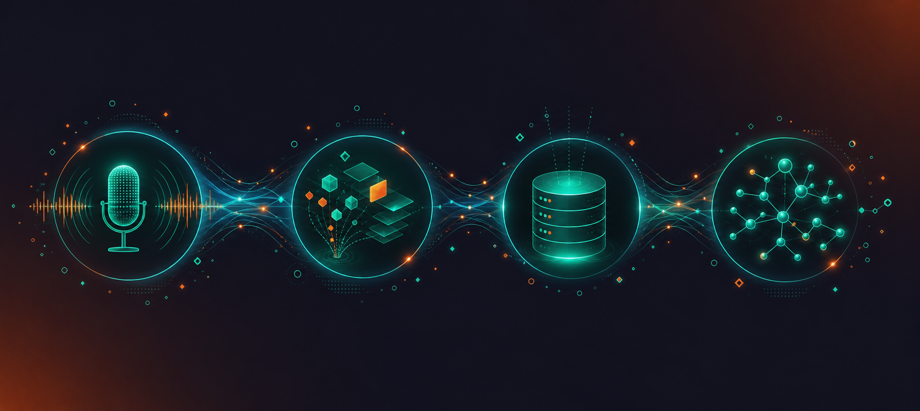 A dark-background abstract diagram showing four sequential glowing nodes connected by flowing light paths in a horizontal chain: first node shows a pulsing microphone and sound wave rings representing conversation capture; second node shows layered geometric shapes being sorted and classified representing structuring data; third node shows a glowing cylindrical database vault representing a system of record; fourth node shows a branching neural network of interconnected dots representing AI agents built on top. Deep navy and teal color palette with electric blue accent lines, clean abstract data visualization style, no text or labels anywhere.