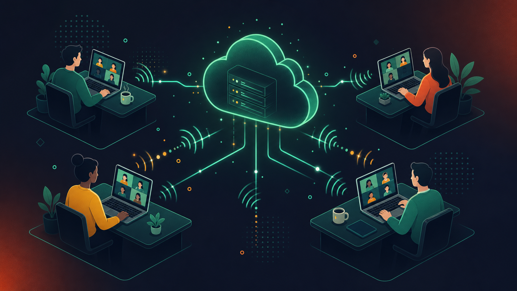 A clean, modern isometric illustration showing multiple people at different locations connected by glowing network lines to a central cloud server. Each person sits at a desk with a laptop displaying a video call interface, with audio and video signal waves flowing between them and the cloud hub. The color palette is soft blues, teals, and whites with subtle gradients, depicting real-time digital communication infrastructure across a distributed network.