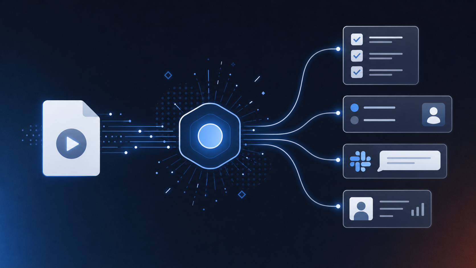 A clean flat-design illustration showing a data transformation pipeline. On the left, a plain video file icon with a play button sits isolated and inert. In the center, a sleek abstract processing node or hub glows with soft blue light, connected by flowing lines. On the right, structured output icons branch outward: a checklist with checkboxes, a ticket card with an assignee avatar, a speech bubble representing a Slack message, and a small CRM card. The flow moves left to right, conveying raw input becoming organized, actionable structured data. Soft blue, white, and light grey color palette, professional corporate style, no people, no text, no labels, no letters anywhere in the image.
