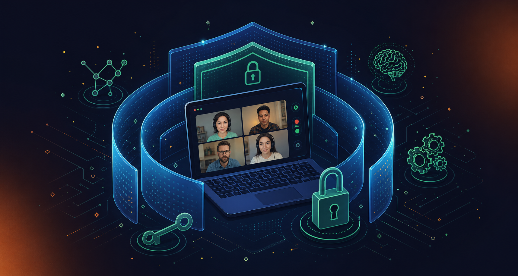 A clean isometric illustration showing a video conference interface protected by multiple layers of digital security. A central laptop or monitor displays a video call with small participant windows, surrounded by concentric shield layers, a padlock icon, and abstract lock-and-key symbols. Glowing blue and teal security barriers wrap around the device like force fields, with subtle binary or circuit patterns in the background. The color palette uses deep navy, electric blue, and soft teal on a dark background, conveying enterprise-grade protection and data governance around a live meeting environment.