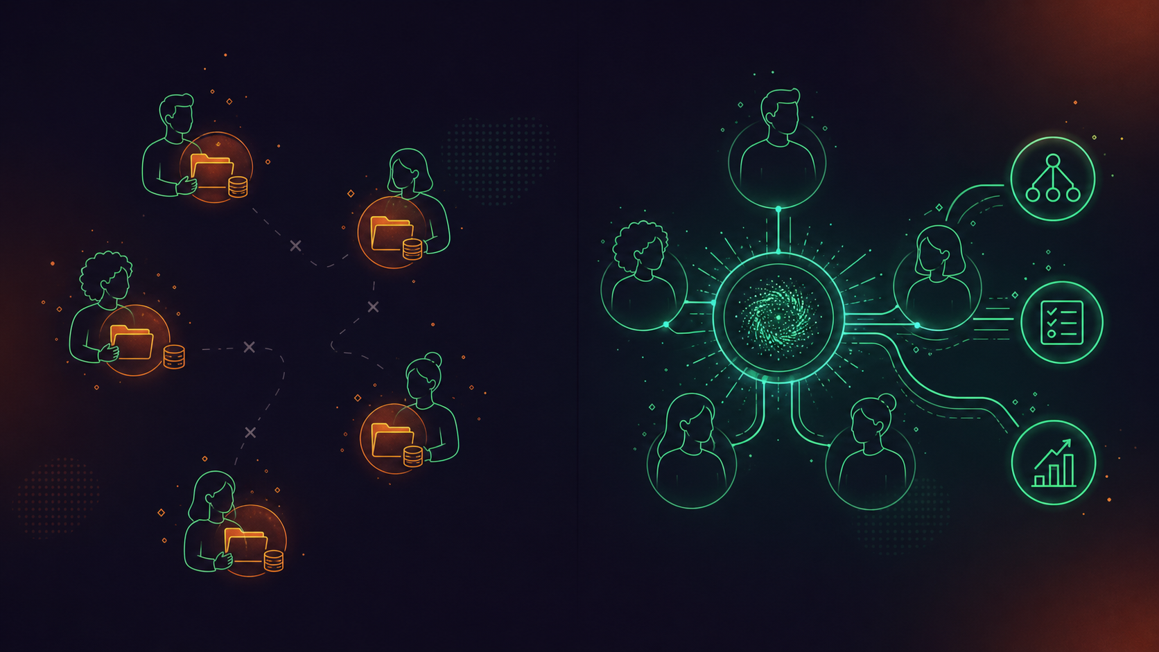 A split-scene illustration showing two contrasting organizational structures: on the left, multiple isolated user silhouettes each holding their own disconnected folder or data bubble representing individual meeting libraries with no connection between them; on the right, the same group of people all connected to a single central glowing hub with structured data flowing outward into icons representing project management and CRM tools, depicting unified organizational governance and structured data routing