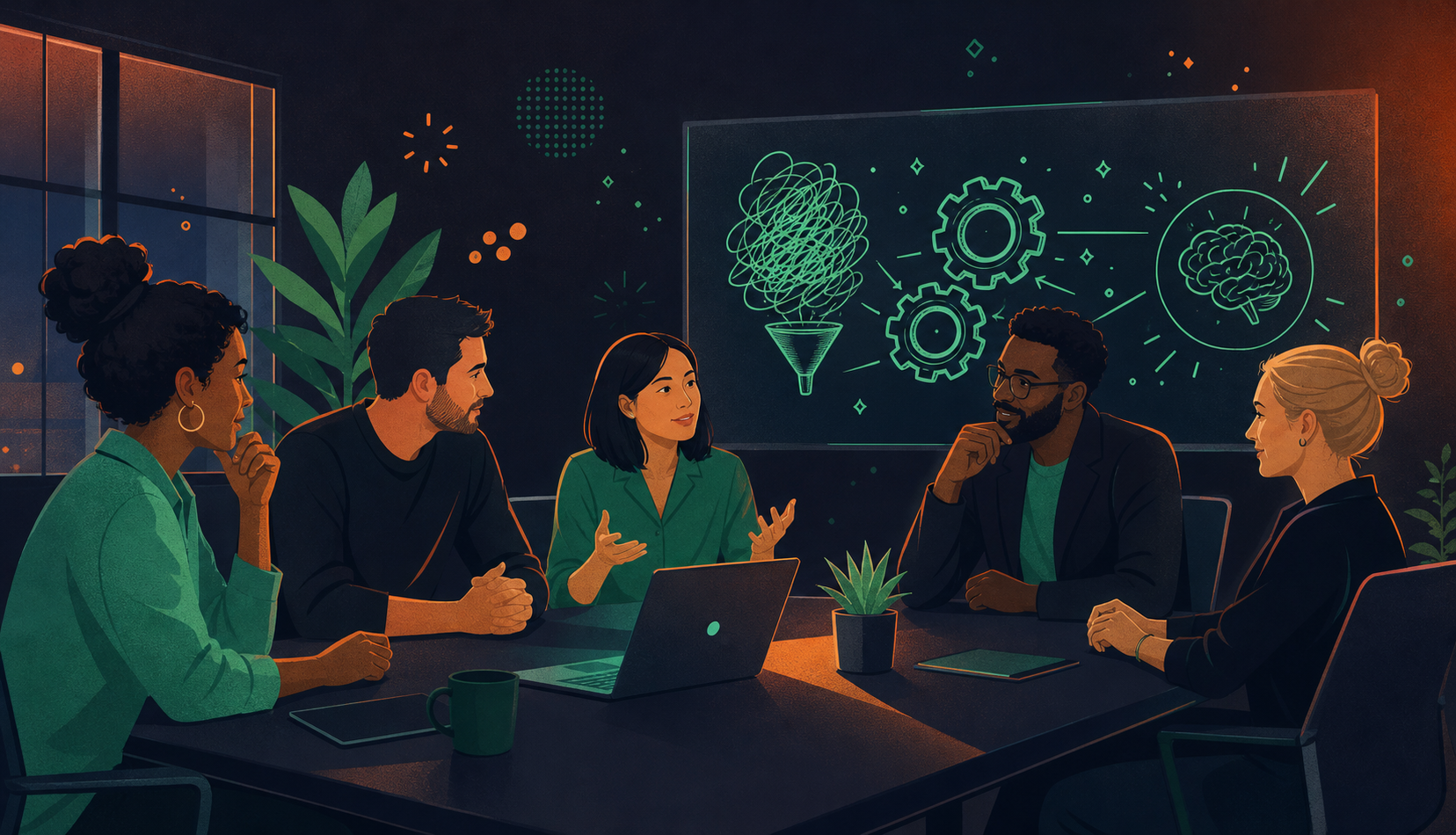 A diverse team of professionals sitting around a modern conference table in a calm, collaborative meeting setting. The atmosphere is open and supportive — people are listening attentively, some leaning forward engaged in discussion, with relaxed body language suggesting psychological safety and mutual respect. Soft natural lighting, minimal office environment with a whiteboard in the background showing a simple flowchart. No text, no words, no letters anywhere in the image.