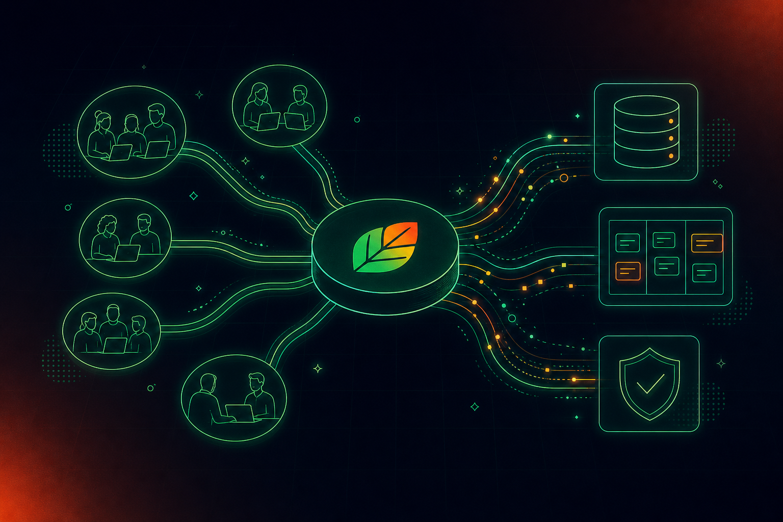 A clean, modern illustration showing an enterprise organization-wide deployment concept: multiple interconnected nodes representing different teams and departments flowing into a central hub, with abstract data streams routing outward into distinct systems — a CRM database, a project management board, and a compliance shield — all connected through glowing lines on a dark navy background with subtle grid lines. No text, no words, no letters.
