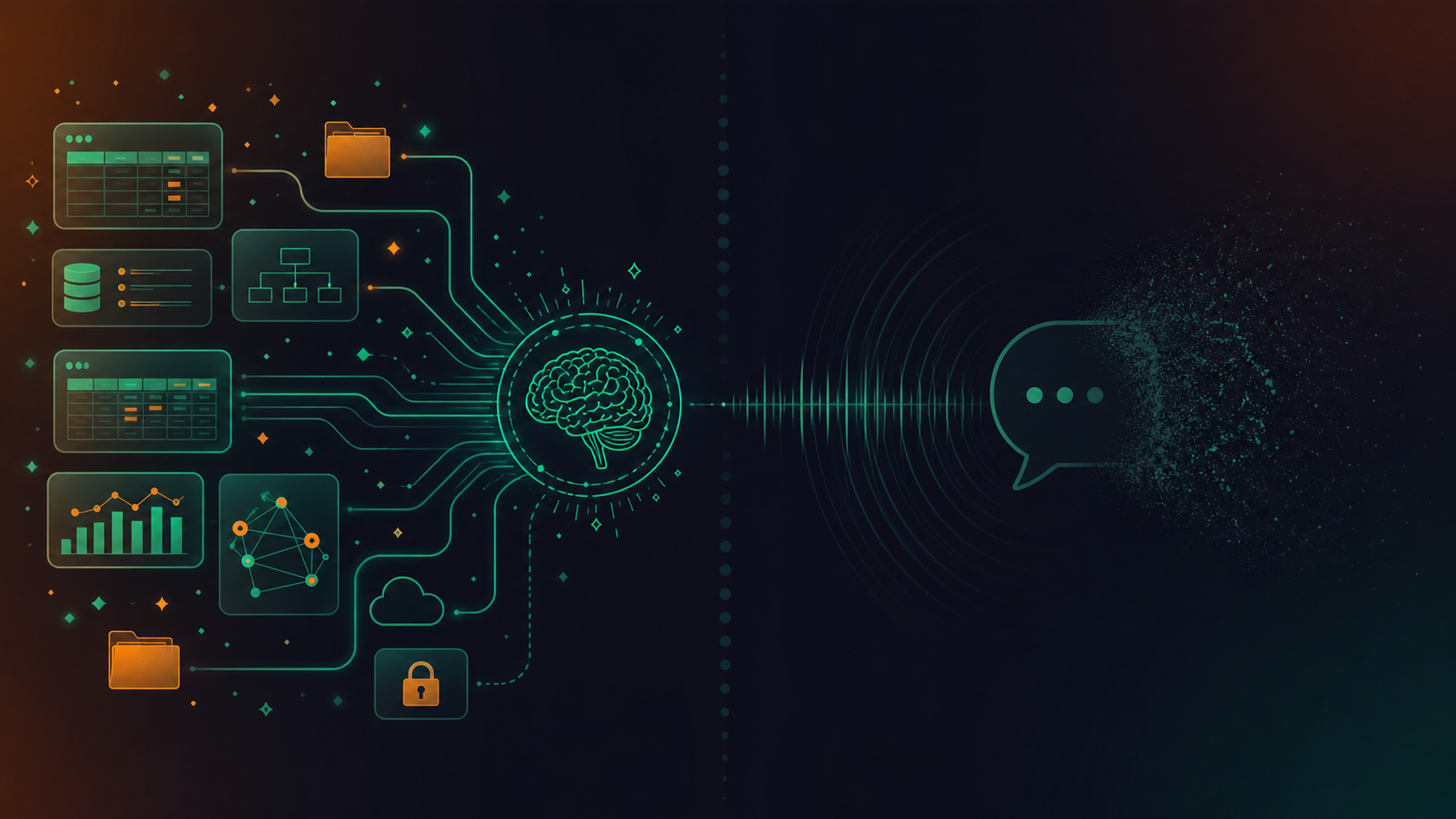 A split visual concept showing two contrasting data worlds: on the left, neatly organized glowing digital tiles representing structured database records, spreadsheets, and connected systems flowing smoothly into a central AI brain node; on the right, an empty space with faint sound wave ripples and a fading conversation bubble dissolving into darkness, representing spoken conversations that never get captured. Dark background, deep blue and teal color palette, clean abstract style, no text.