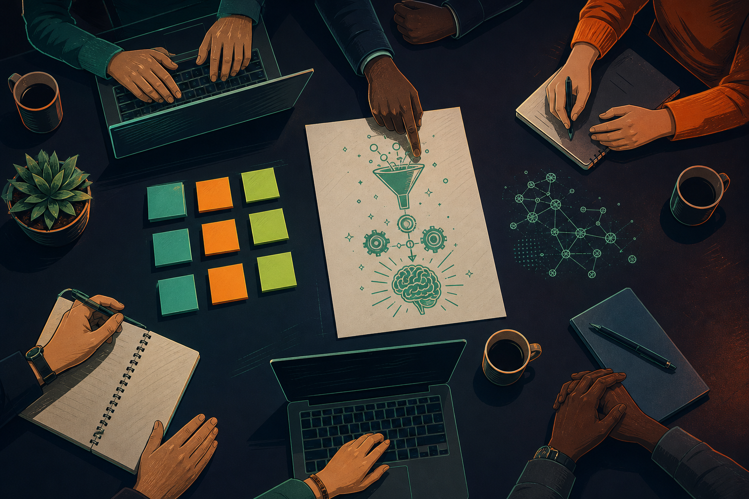 A top-down view of a clean, modern conference table with a printed meeting agenda document at the center, surrounded by open laptops, notepads with handwritten bullet points, and coffee mugs. A diverse group of professionals' hands are visible around the table — some pointing at the agenda, others typing. The setting feels focused and organized, with sticky notes arranged in color-coded columns on the table. Soft office lighting, minimal and professional aesthetic. No text, no words, no letters anywhere in the image.