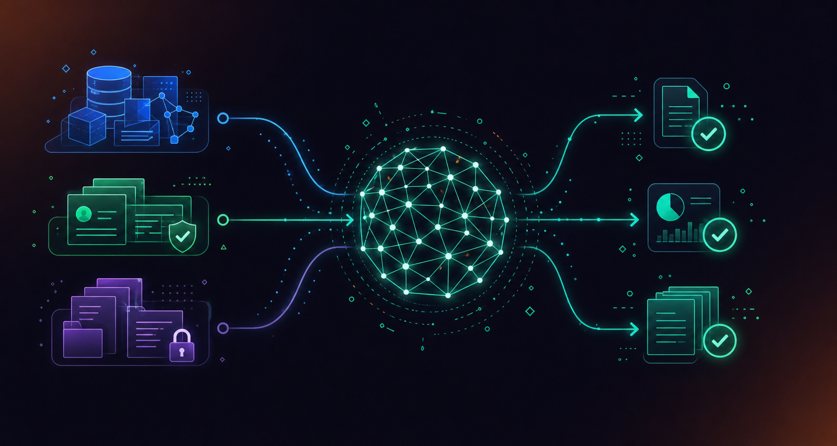 A conceptual illustration showing a pipeline of clean, organized data flowing into an AI brain or neural network, which outputs verified, trustworthy results represented by glowing checkmarks and structured documents. The data sources are depicted as neatly stacked geometric blocks with classification labels indicated by color coding — blue for structured data, green for verified records, purple for governed documents. The AI core at the center is a luminous neural network sphere. Arrows show the flow from governed data inputs through the AI system to reliable outputs on the right. Modern flat design with a cool blue and indigo palette, clean lines, no clutter.