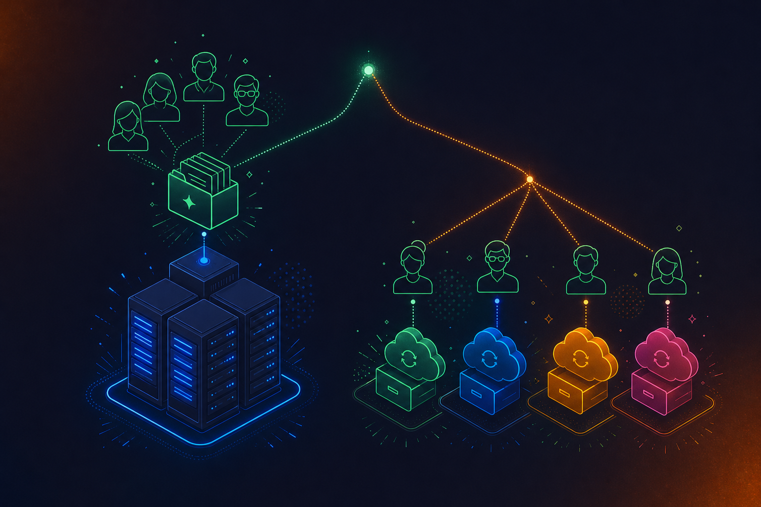 A clean, modern isometric diagram showing two distinct storage pathways for digital meeting files. On the left side, a group of people icons connected to a central team channel folder that flows into a large organized SharePoint server rack with glowing blue accents. On the right side, individual person icons each with their own separate personal cloud storage drives in different colors, representing scattered OneDrive personal accounts. Visual arrows show the branching split between the two pathways. The overall aesthetic is professional, tech-forward, with a dark navy and electric blue color palette, soft glowing edges on server nodes, and clean geometric shapes. No text, no labels, no words anywhere in the image.
