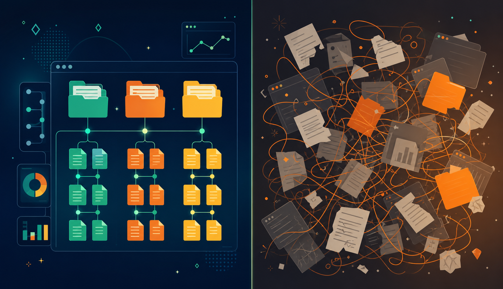 A split-screen illustration showing two contrasting office data environments. On the left side, a clean organized digital workspace with neatly labeled folders, structured files, and clear hierarchical connections represented by glowing nodes and lines — everything orderly and color-coded. On the right side, a chaotic jumble of scattered documents, fragmented files, tangled overlapping lines, and disorganized data fragments floating in disarray. The two halves are divided by a crisp vertical line. Modern flat design style with a blue and indigo color palette on the left, and muted grays with orange highlights on the right.