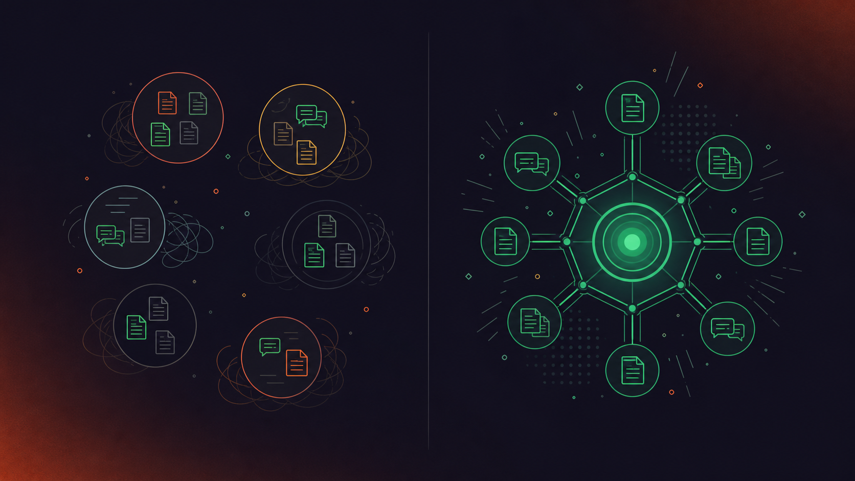 A split composition showing two contrasting organizational data structures. On the left side: multiple isolated bubbles or containers in muted colors, each holding small document or conversation icons, disconnected from each other, representing fragmented siloed data across individual users. On the right side: a single unified central hub with clean geometric shapes radiating outward in an organized, structured pattern, glowing in deep blue and teal, representing one governed organizational record. A subtle dividing line separates the two halves. Dark navy background, flat modern illustration style, no people, no text, no labels, no words anywhere in the image.