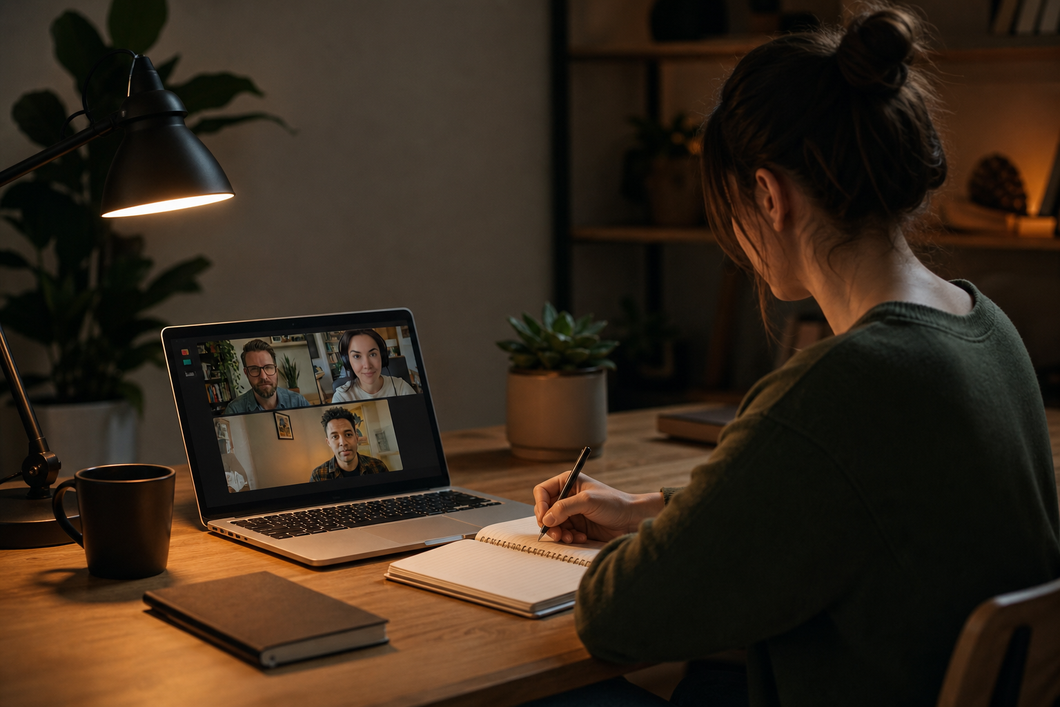 A person sitting at a modern desk with a laptop open showing a video conference call on screen, quietly taking handwritten notes in a notebook, warm ambient lighting, clean minimal home office setting, no other participants visible in the room, focused and private atmosphere, soft shadows, photorealistic style
