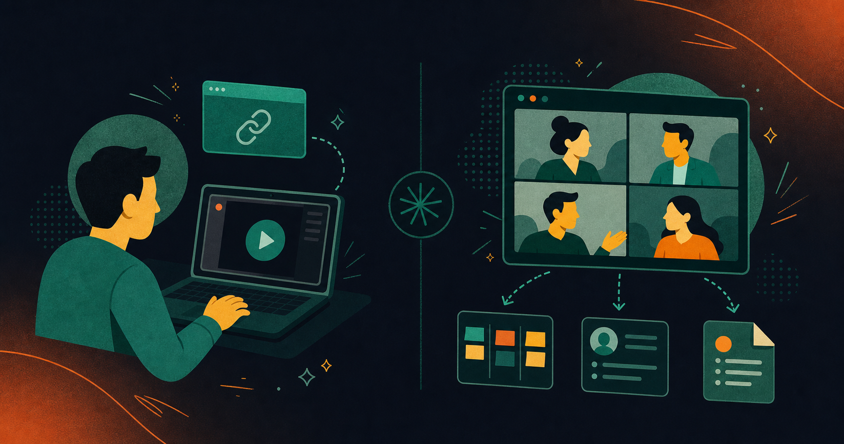 A split conceptual illustration showing two distinct workflows side by side. On the left, a person records a screen on a laptop with a play button icon and a shared video link floating above — representing async video messaging. On the right, a live virtual meeting with multiple participant windows on a screen, with arrows flowing outward to icons of a project board, a CRM card, and a document — representing structured live meeting outputs. Clean, modern flat design style with a muted blue and green color palette, no text or labels anywhere in the image.