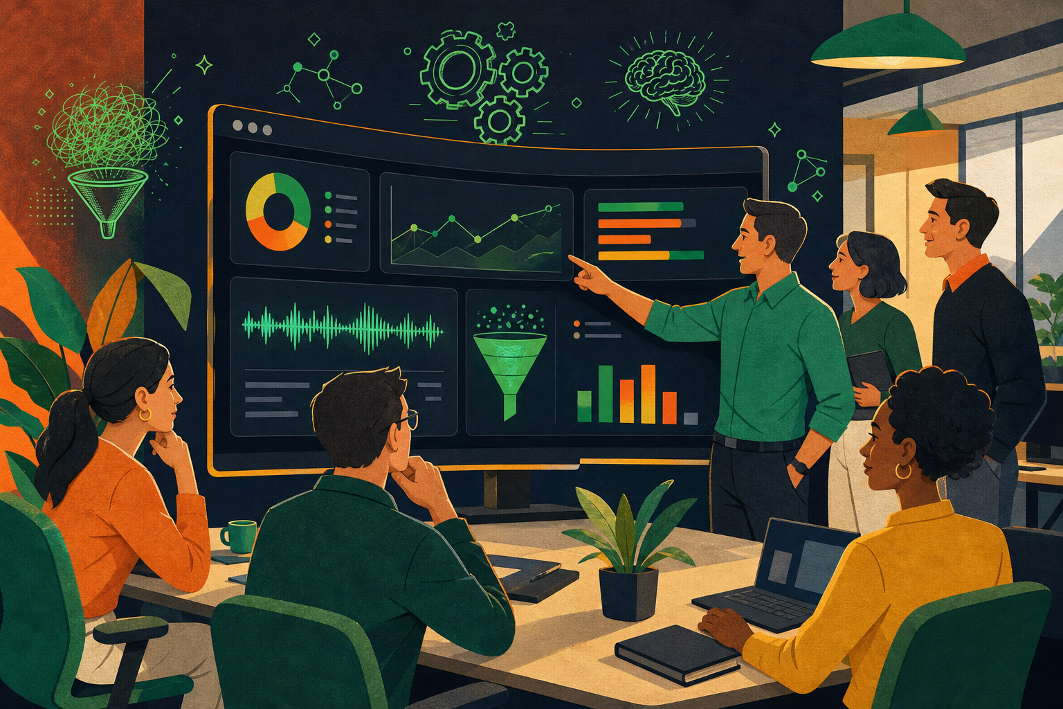 A modern enterprise sales team in a bright open office, gathered around a large curved monitor displaying colorful analytics dashboards with graphs, pipeline charts, and conversation waveforms. A professional in business casual attire points at the screen while colleagues look on attentively. The scene conveys revenue intelligence, data-driven decision making, and collaborative deal review. Clean, corporate aesthetic with warm lighting.