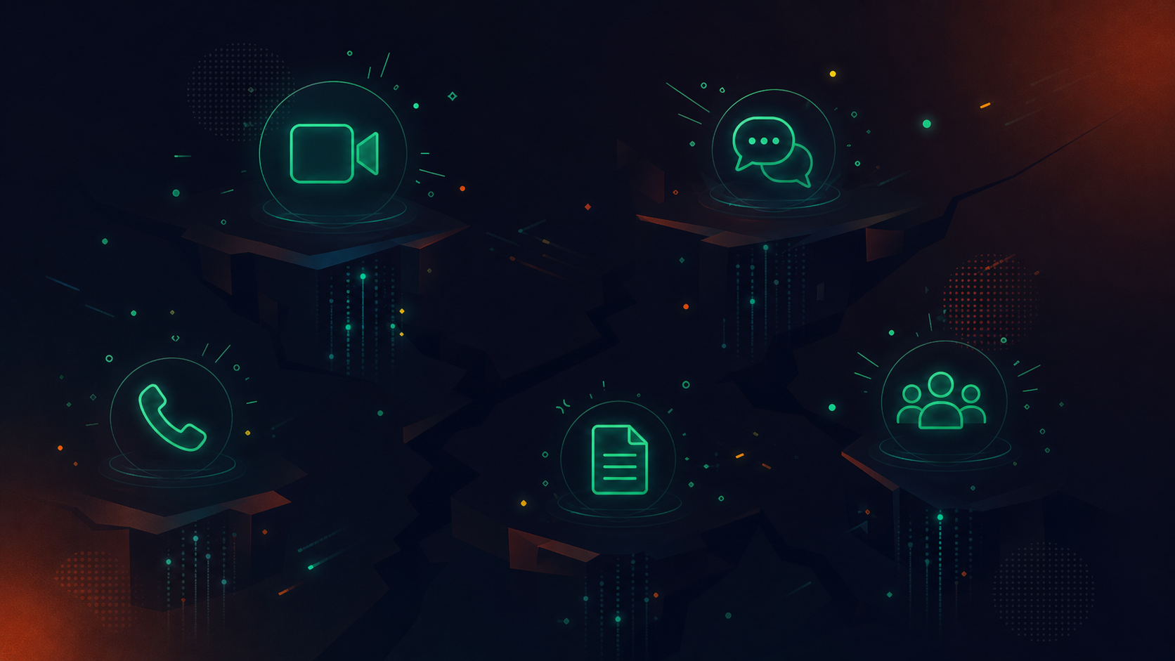 A dark, moody abstract illustration showing multiple glowing communication channel icons (video call, chat bubbles, phone, document) floating disconnected in a fragmented digital space, with faint data streams that do not connect to a central hub, representing siloed enterprise conversation data scattered across platforms — deep navy and charcoal background with subtle blue and teal glowing elements, professional and technical aesthetic